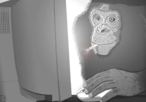 Blogbeitrag zum Code Monkey(Rauchender Affe am Computer)