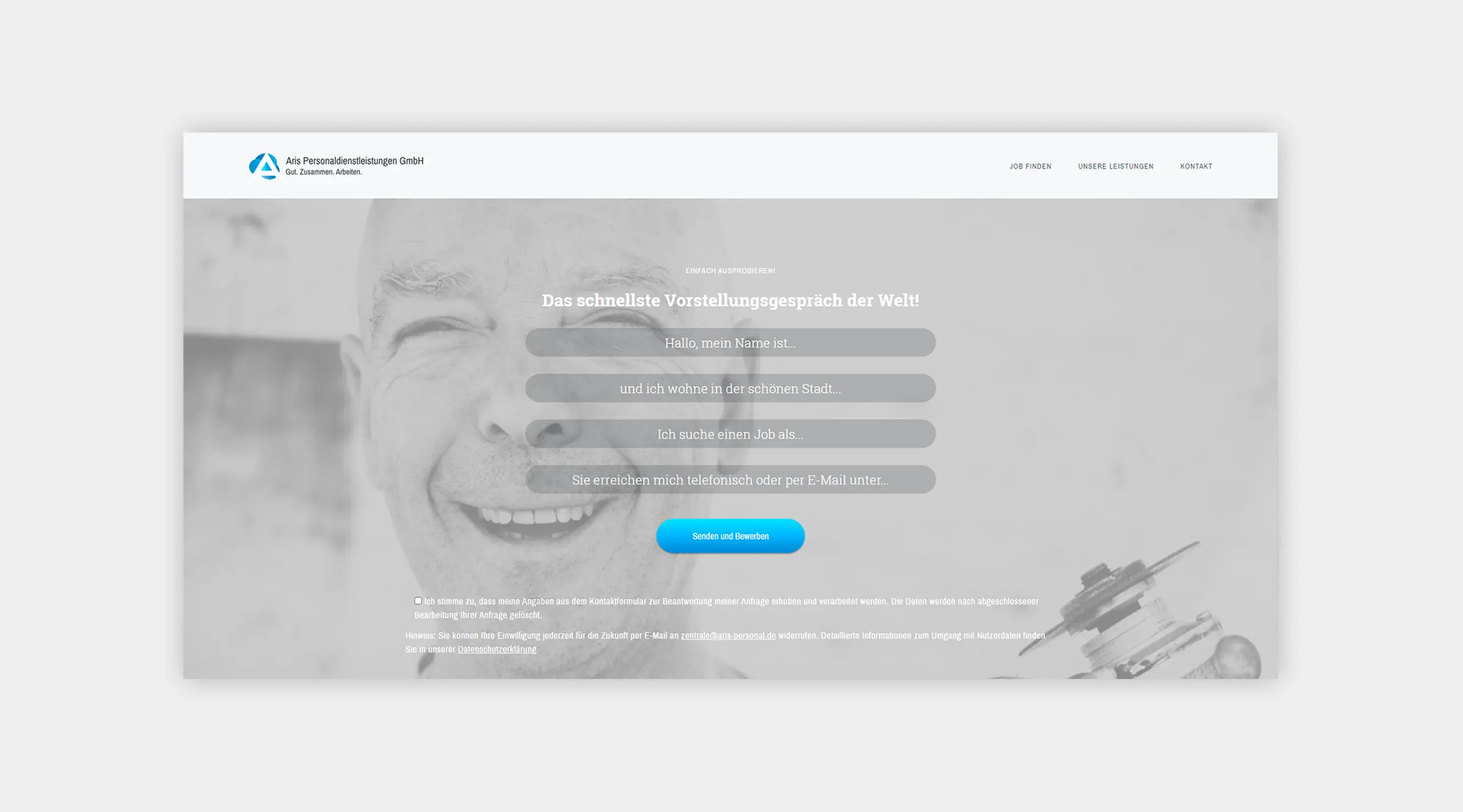 Auszug der Startseite auf der neuen Website von Aris Personaldienstleistungen.