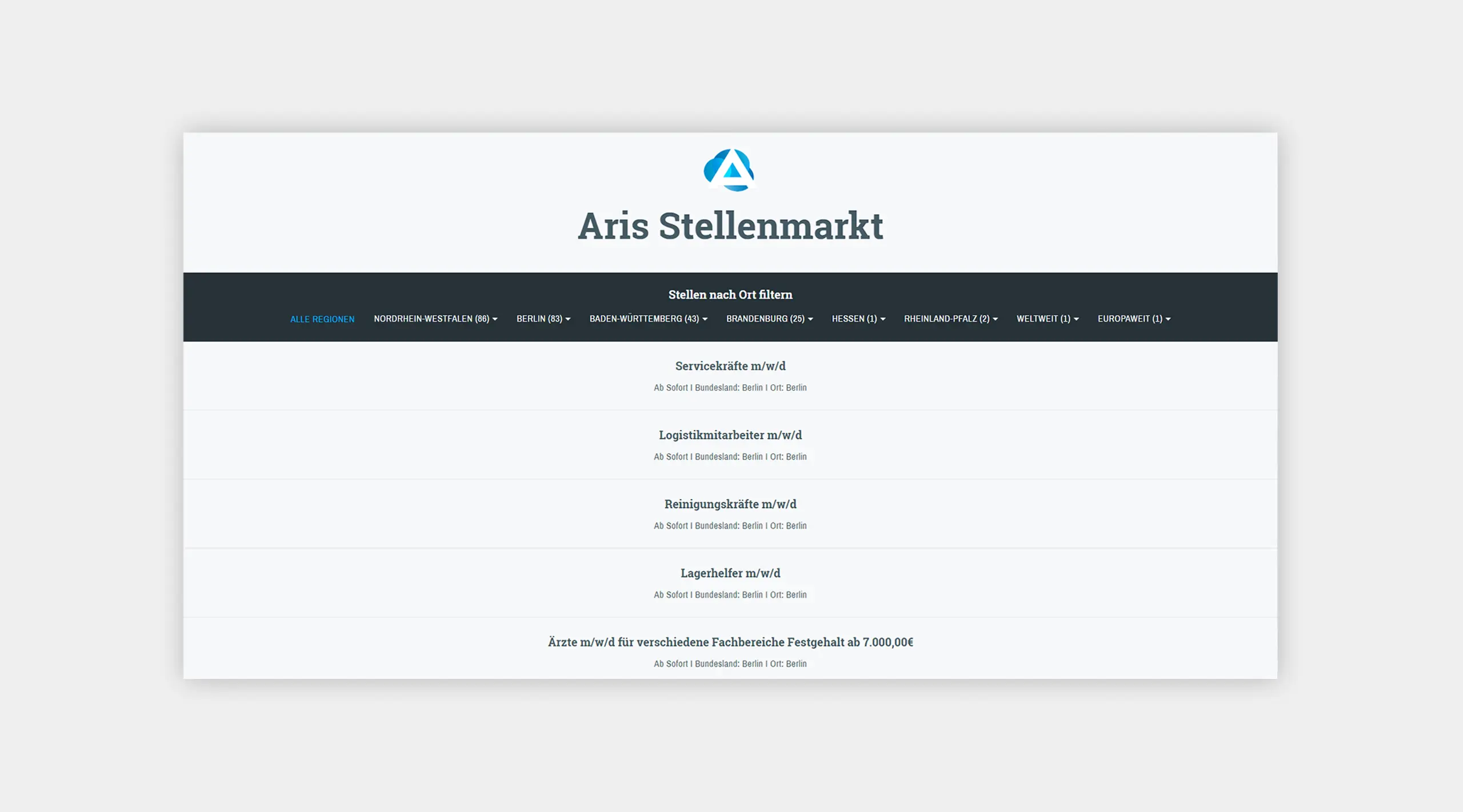 Auszug der Stellenangebote auf der neuen Website von Aris Personaldienstleistung.