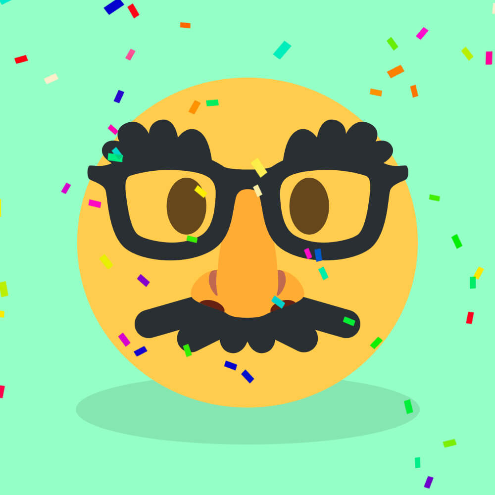 Emoji mit Brille und Schnauzer auf mintfarbenen Hintergrund mit Konfetti.