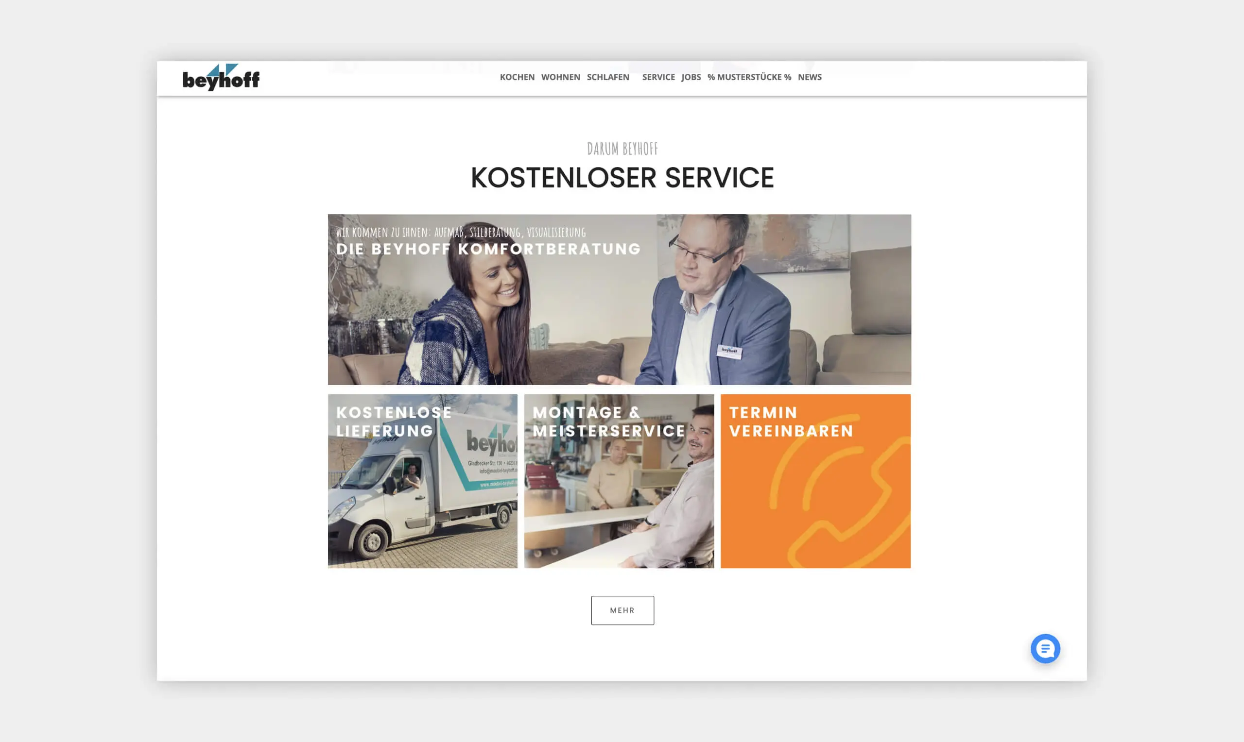 Auszug als Screenshot aus dem Servicebereich der Website von Möbel Beyhoff.