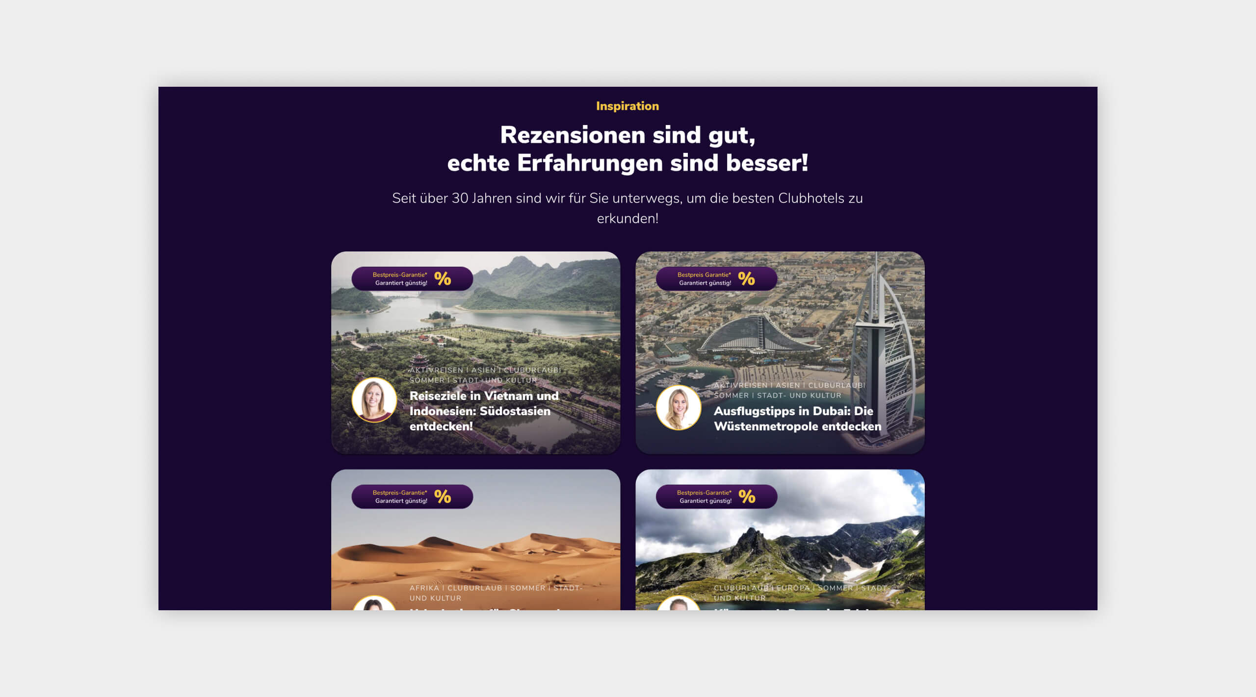 Auszug als Screenshot von Inspirationen auf der Website vom ReiseClub24.