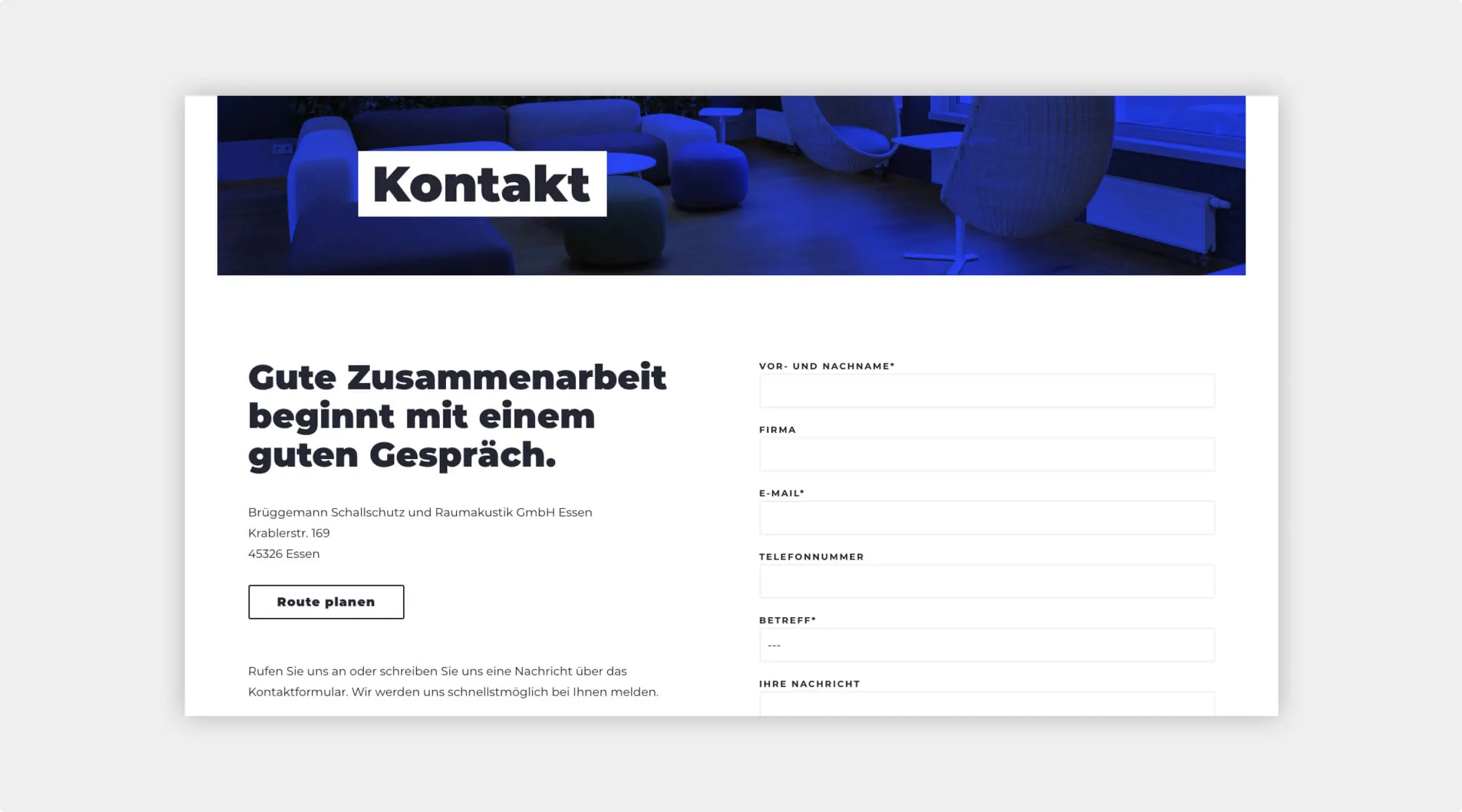 Kontaktformular Internetseite Brügge­mann Schall­schutz Essen