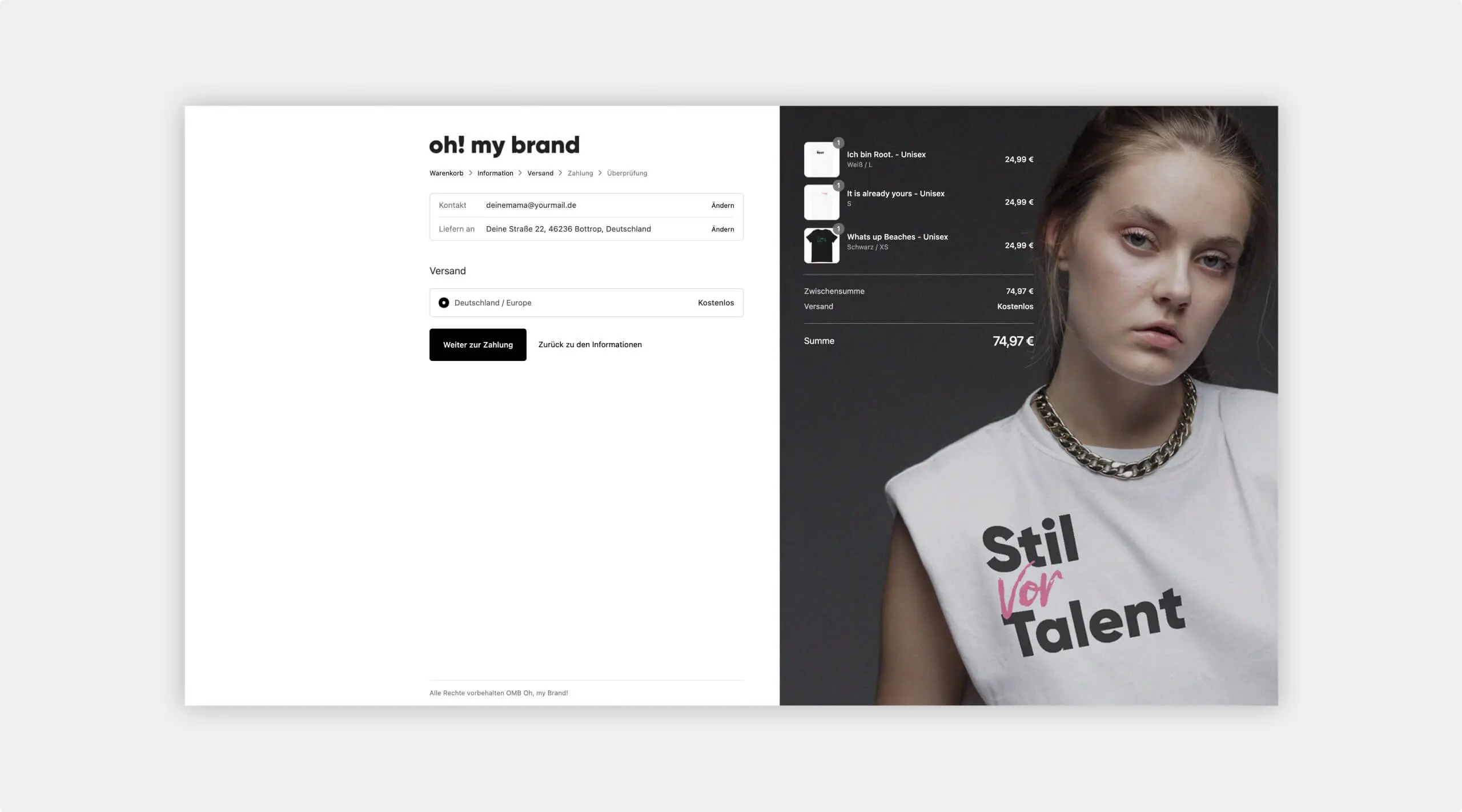 Checkout-Screen bei Bestellung von Shirts.