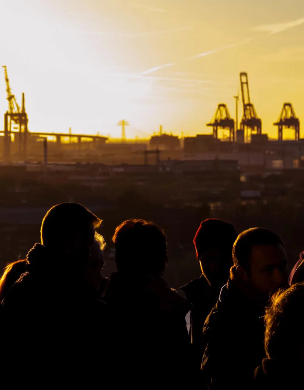 Foto von einer Gruppe an Leuten in der Abenddämmerung mit Kränen im Hintergrund.