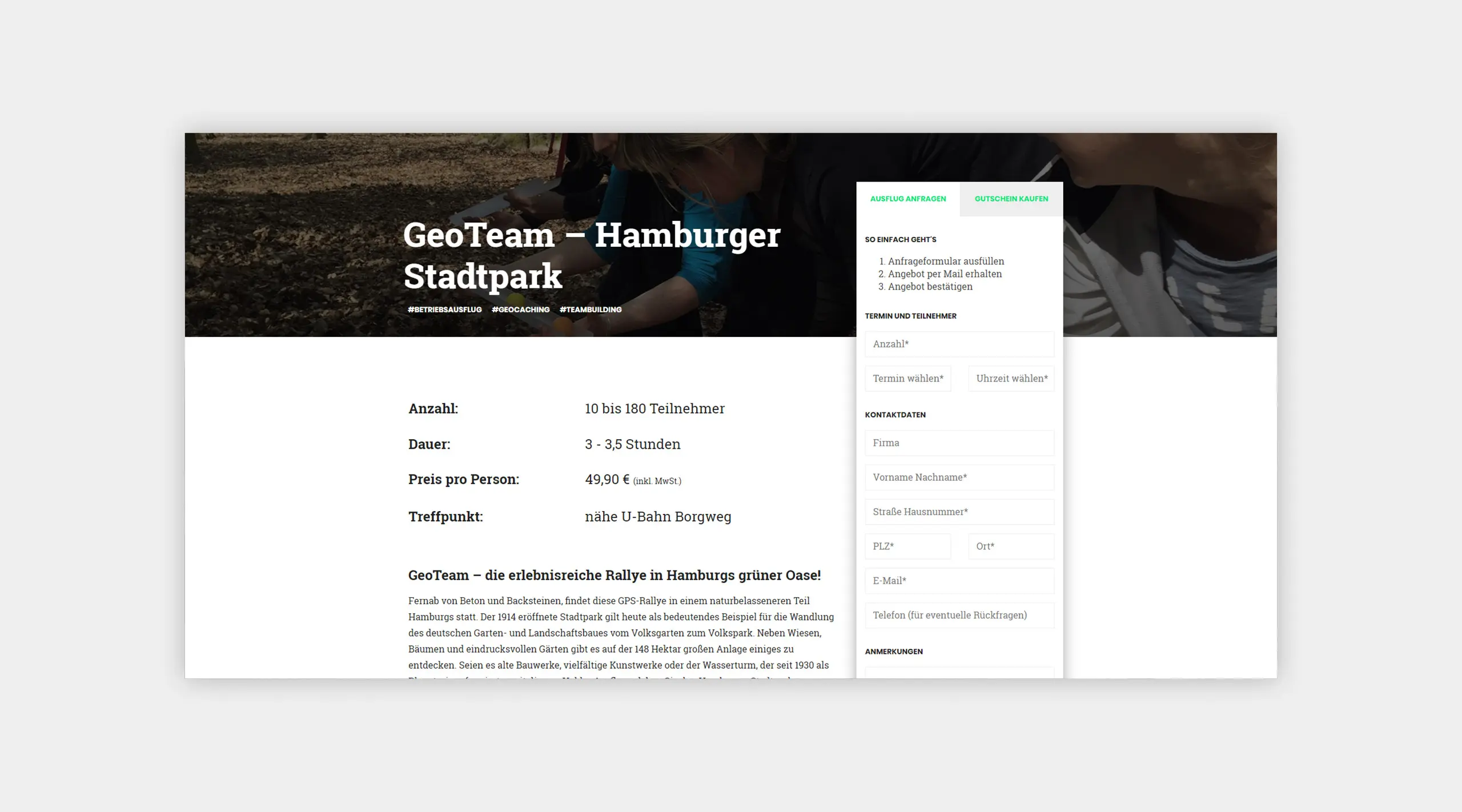 Screenshot mit Informationen über ein GeoCaching Event auf der neuen Website von HeldenAusflug.