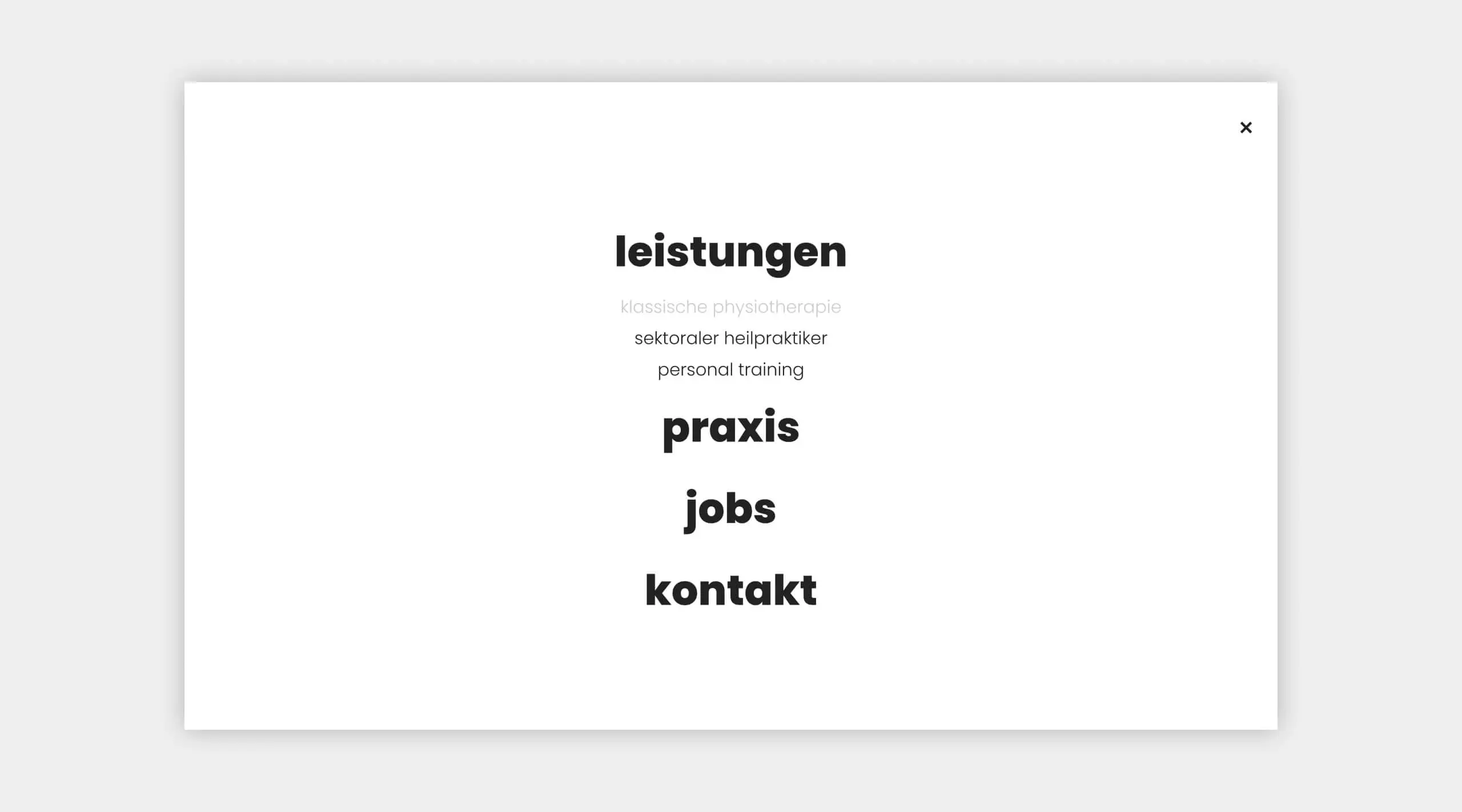 Auszug als Screenshot vom Menü auf der physiowerkstatt Website.