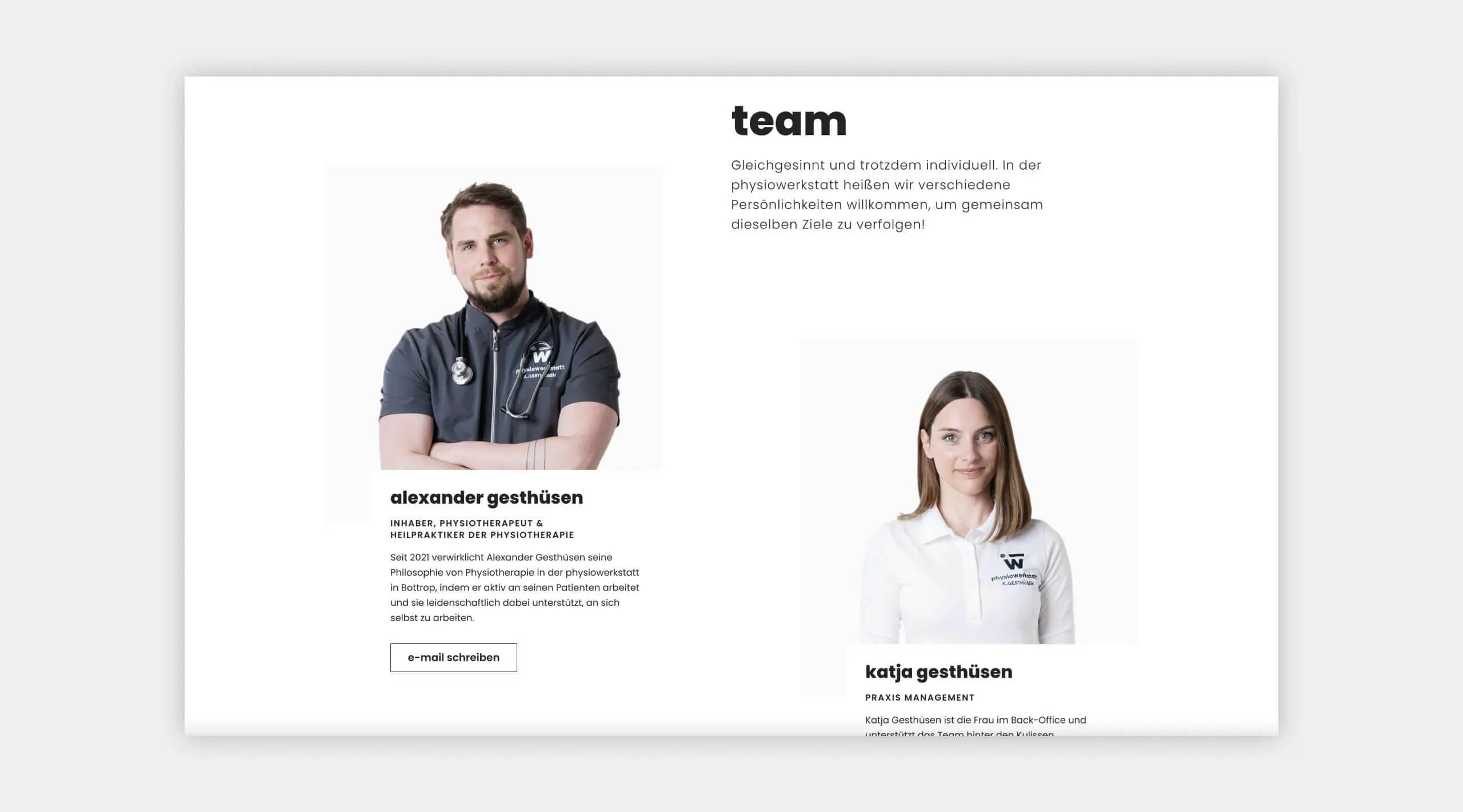Auszug als Screenshot vom Teambereich auf der physiowerkstatt Website.