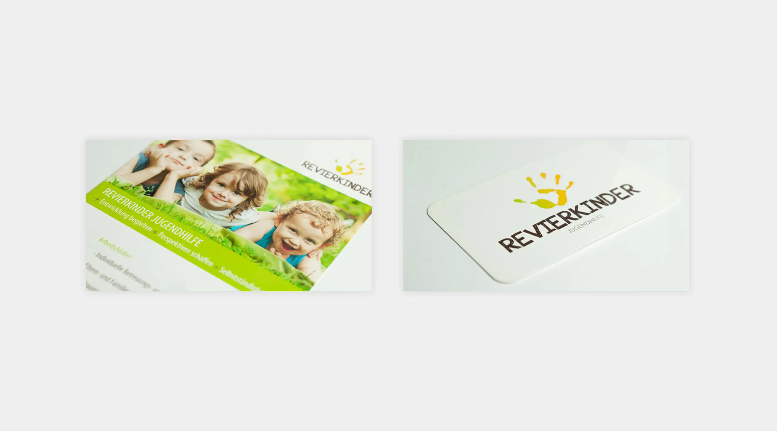 Design des Flyers und der Visitenkarte der Revierkinder Jugendhilfe.