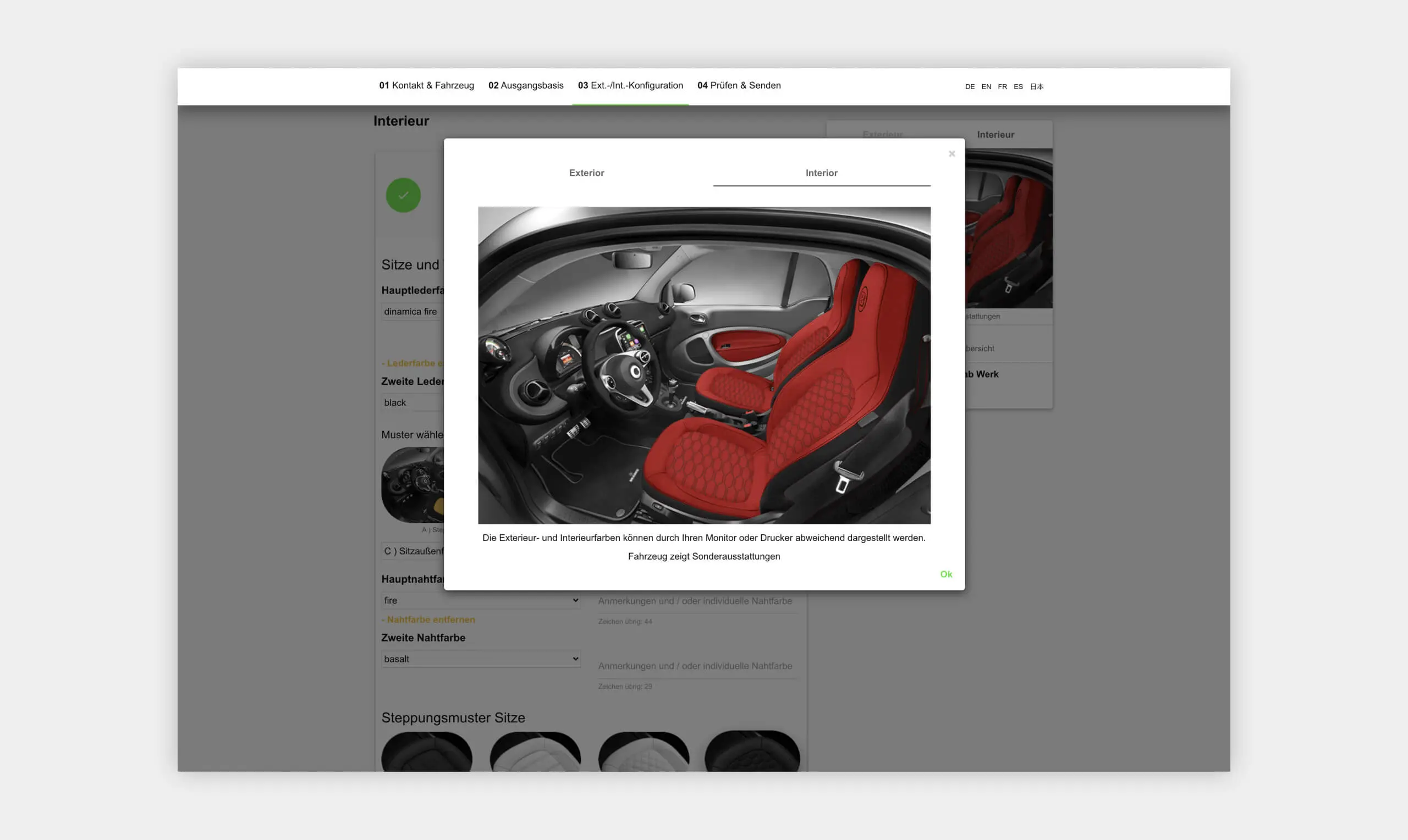Auszug als Screenshot der Interieuransicht des smart Brabus Konfigurators .