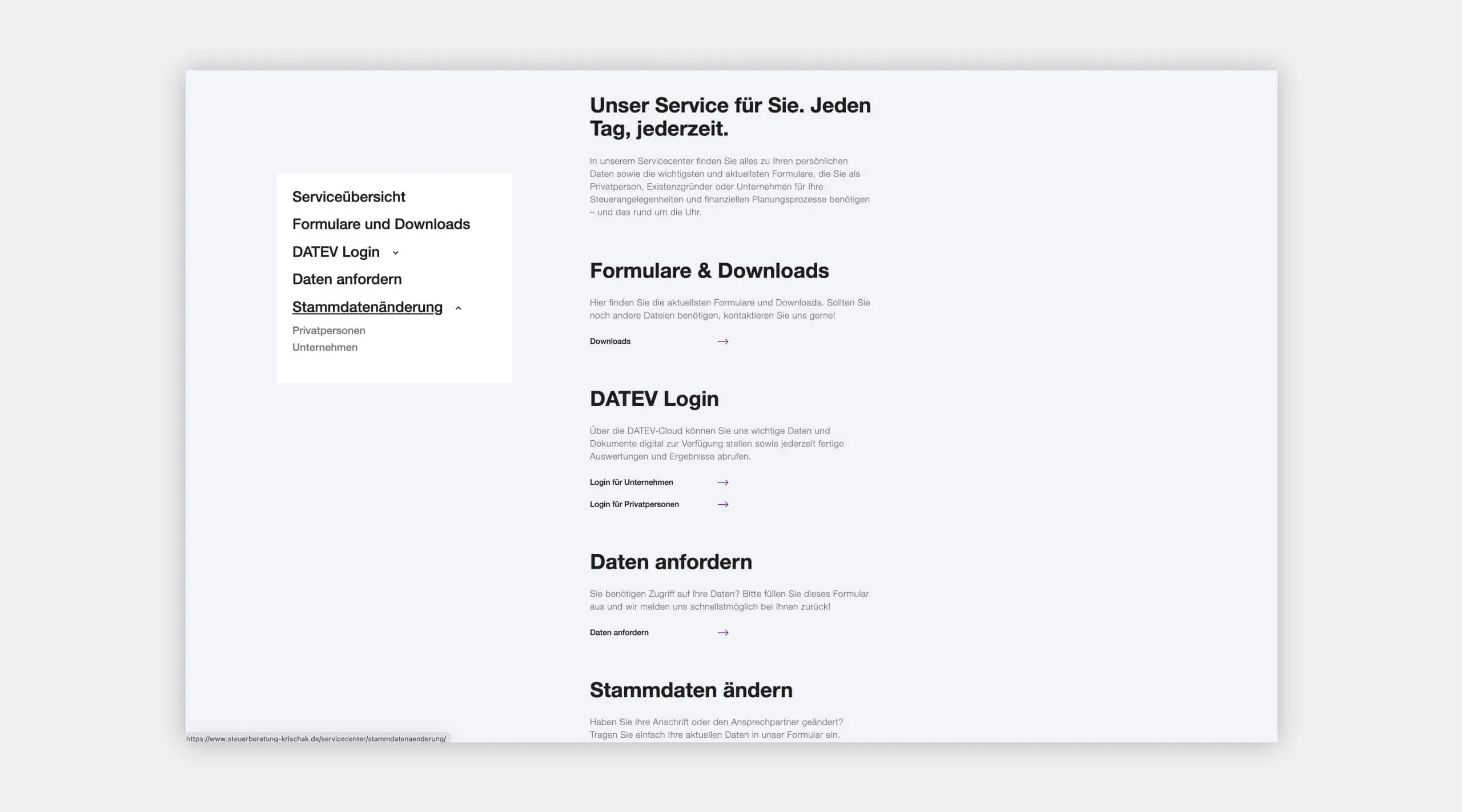 Auszug als Screenshot vom Servicebereich auf der Website von Steuerberatung Krischak.