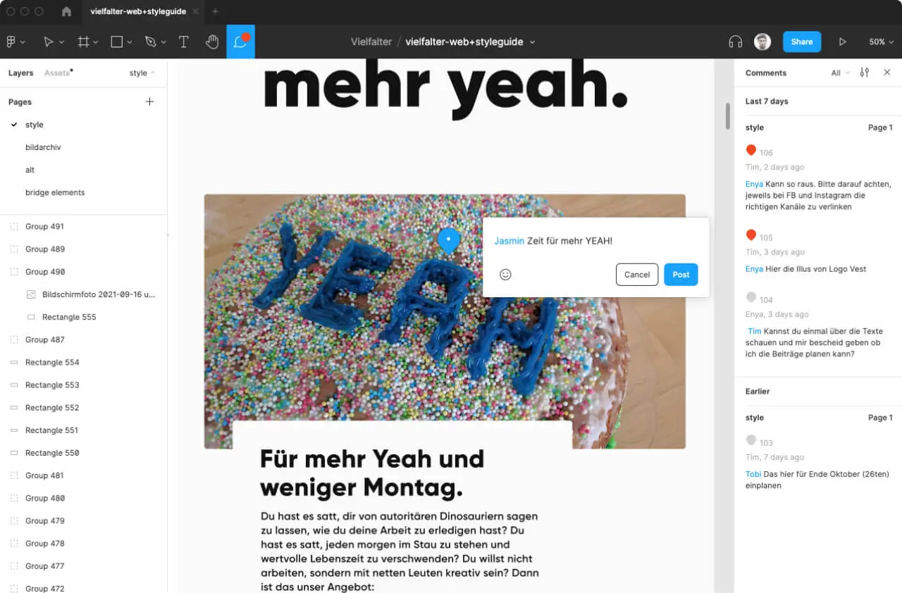 Beispielansicht für das Kommentieren an eine bestimmte Person innerhalb des Projekts.