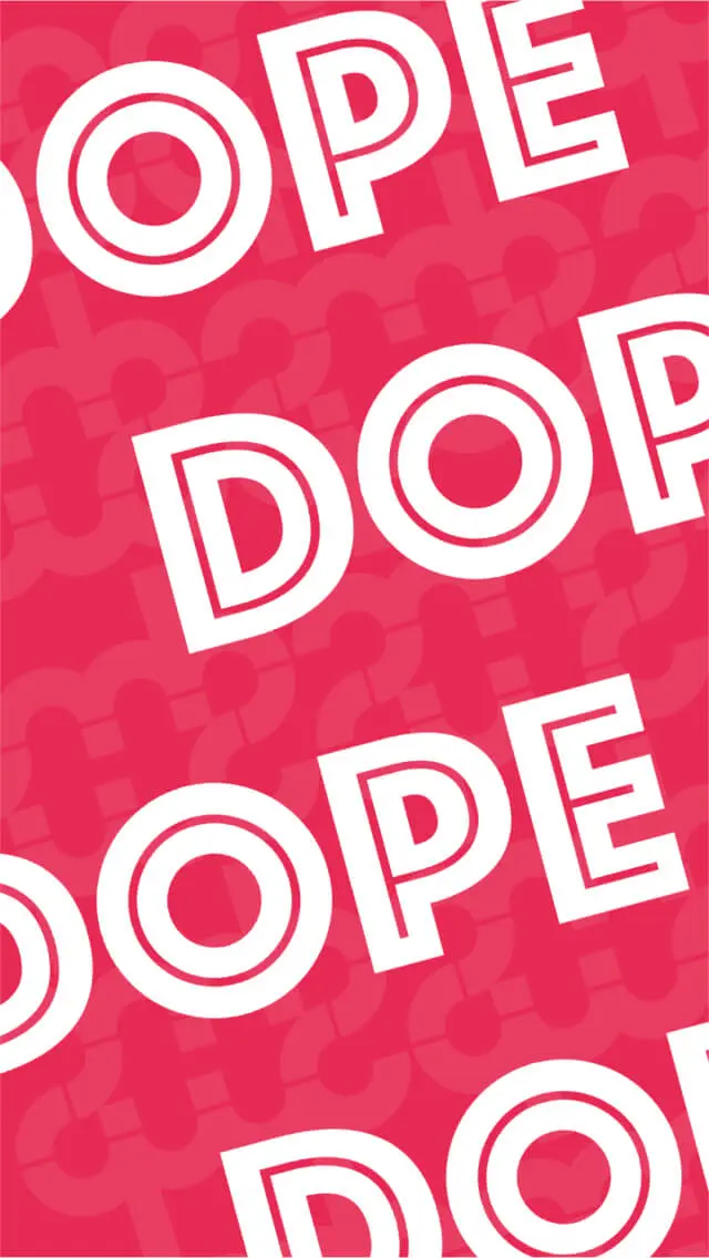 DOPE Schriftzug auf knallig rotem Hintergrund.