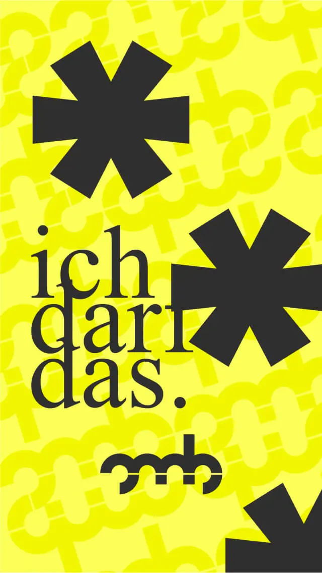 ich darf das Schriftzug mit Sternchen-Zeichen auf knallig gelben Hintergrund.