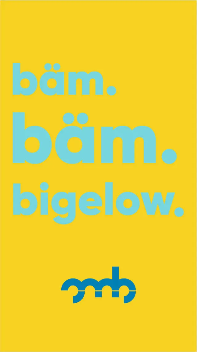 bäm. Motiv in Hellblau auf gelben Hintergrund.