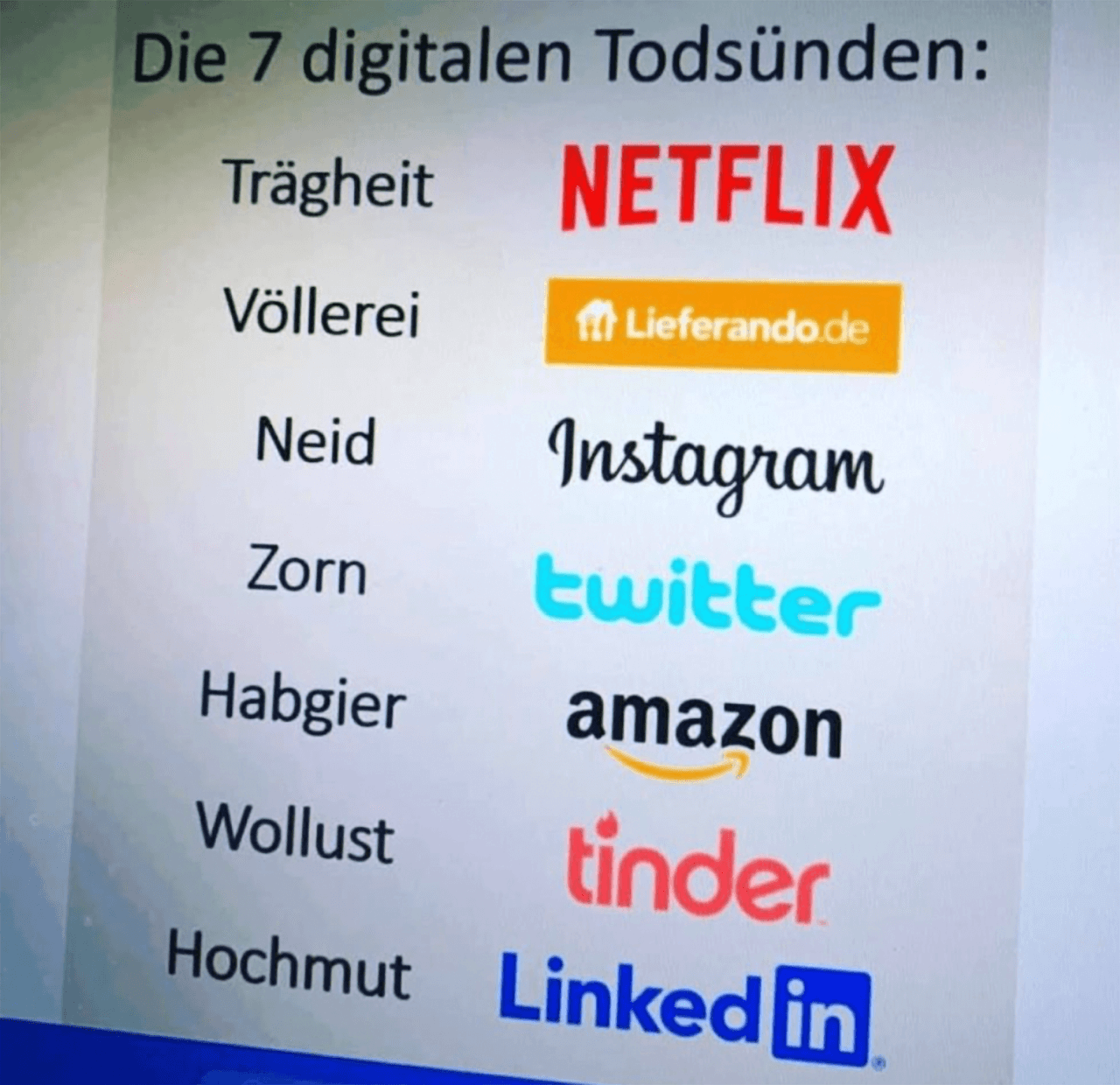 Bild der sieben digitalen Todsünden: 1. Trägheit = Netflix, 2. Völlerei = Lieferando.de, 3. Neid = Instagram, 4. Zorn = Twitter, 5. Habgier = Amazon, 6. Wollust = Tinder, 7. Hochmut = LinkedIn.