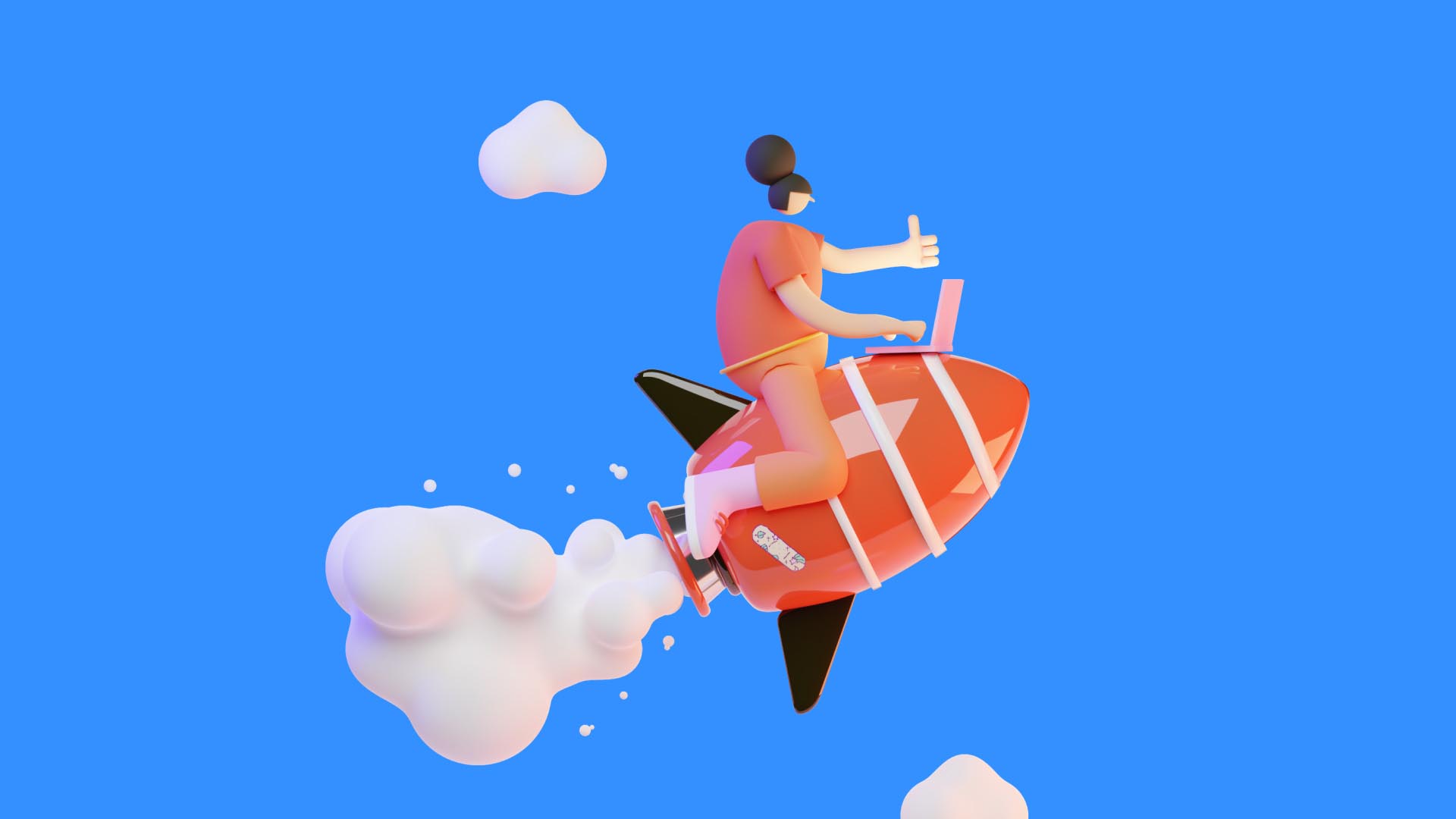 3D Illustration einer fliegenden Rakete auf der eine Person mit Laptop sitzt. Marketingausgaben für Businessplan optimieren.