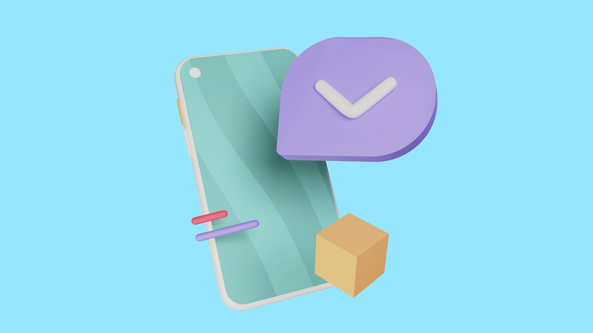 3D Illustration eines Smartphones mit herumfliegenden Elementen drum herum.