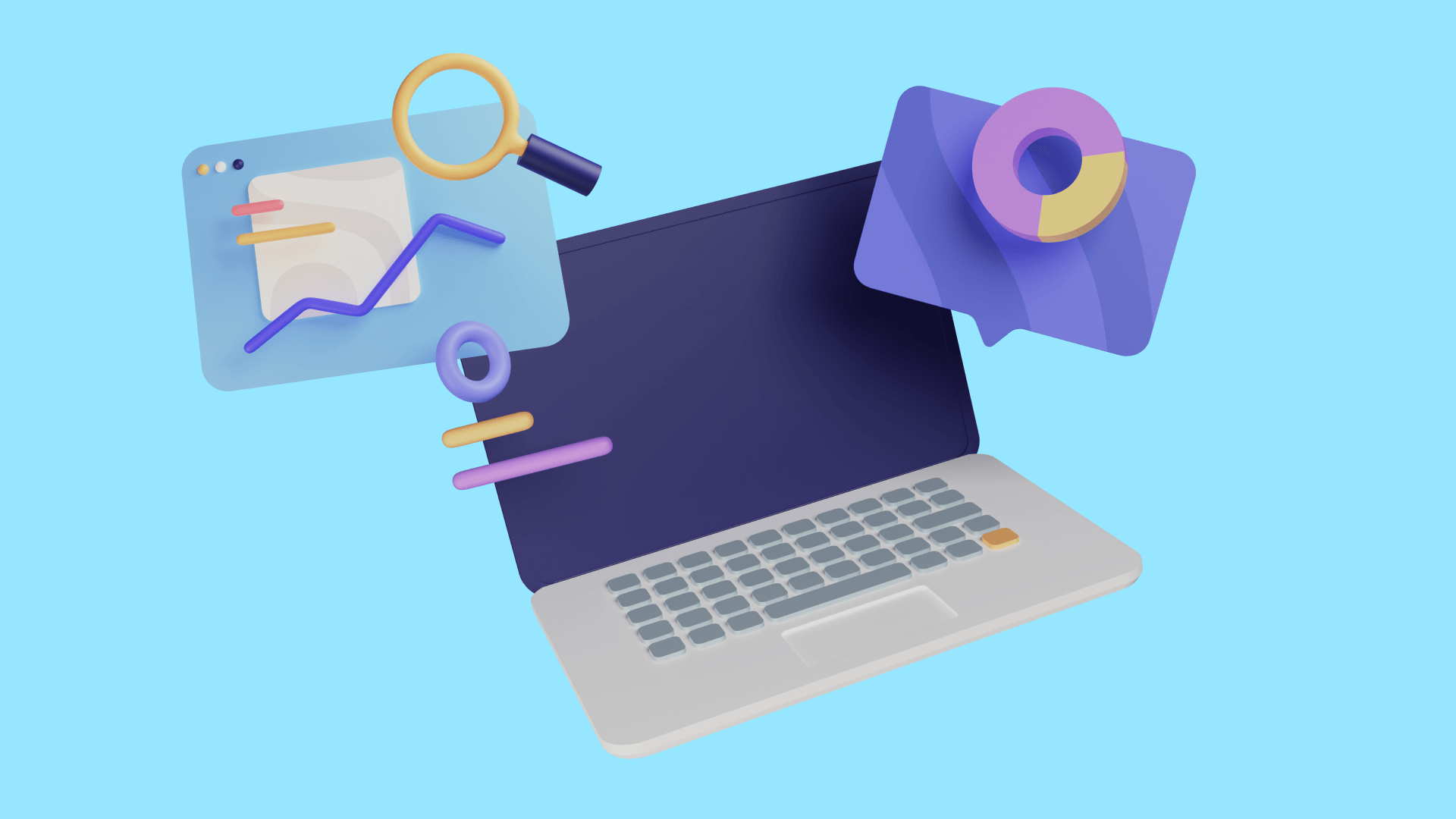 3D Illustration eines Laptops mit herumfliegenden Elementen.