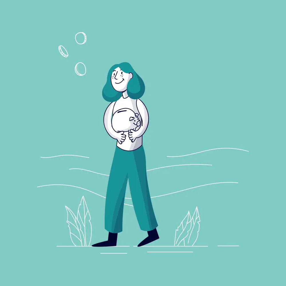 Illustration einer Frau die ein Sparschwein in der Hand hält.