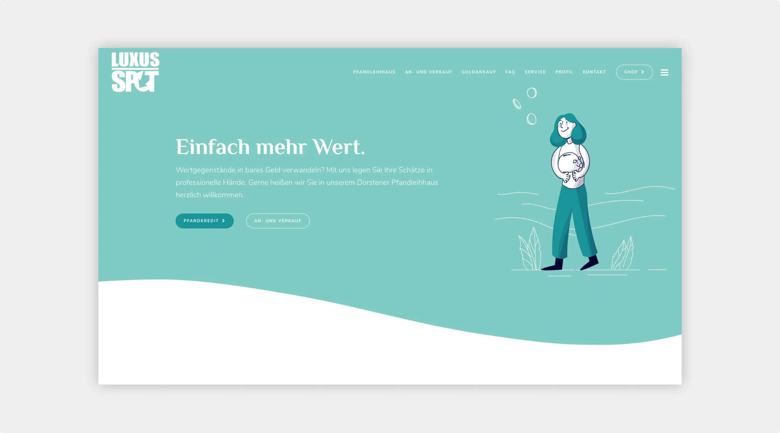 Screenshot der Startseite von Luxus Spot mit einem Einleitungstext, Buttons zu den Angeboten und einer Illustration einer Frau die ein Sparschwein hält.