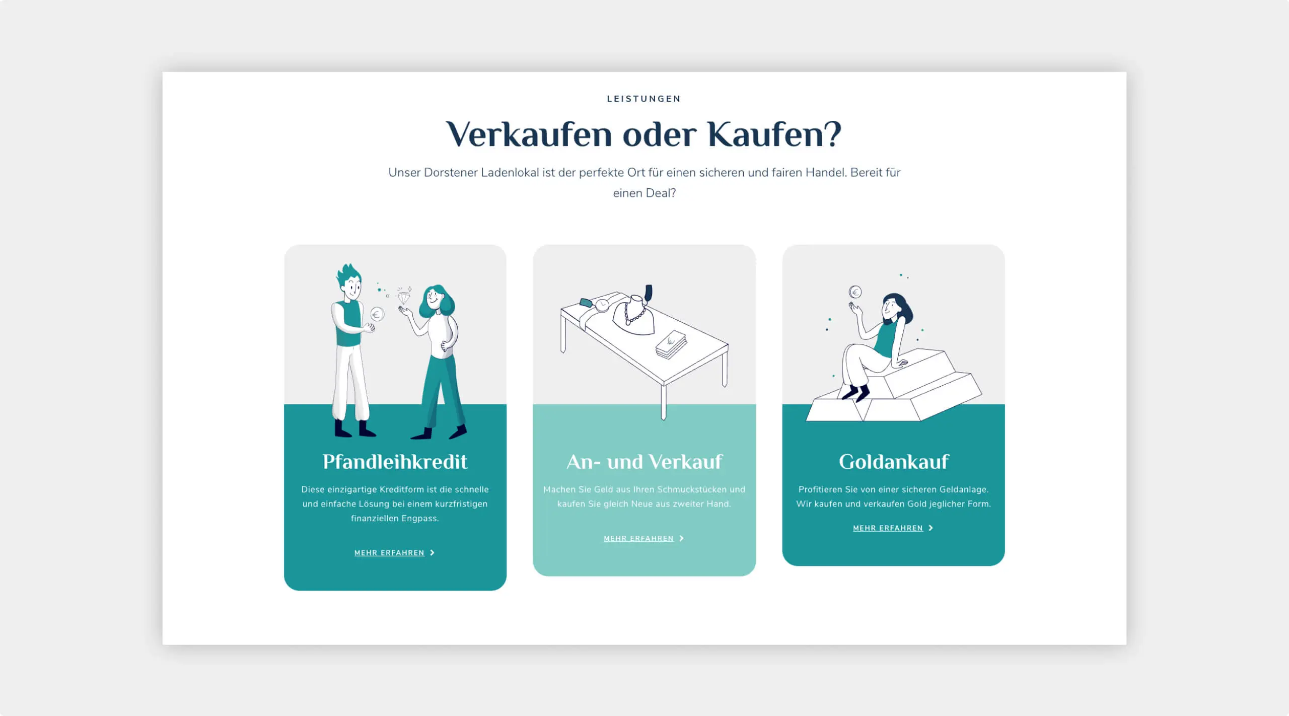 Screenshot der neuen Website von Luxus Spot zu den Leistungen in 3-spaltigem Layout mit Grafiken zu jedem Bereich.