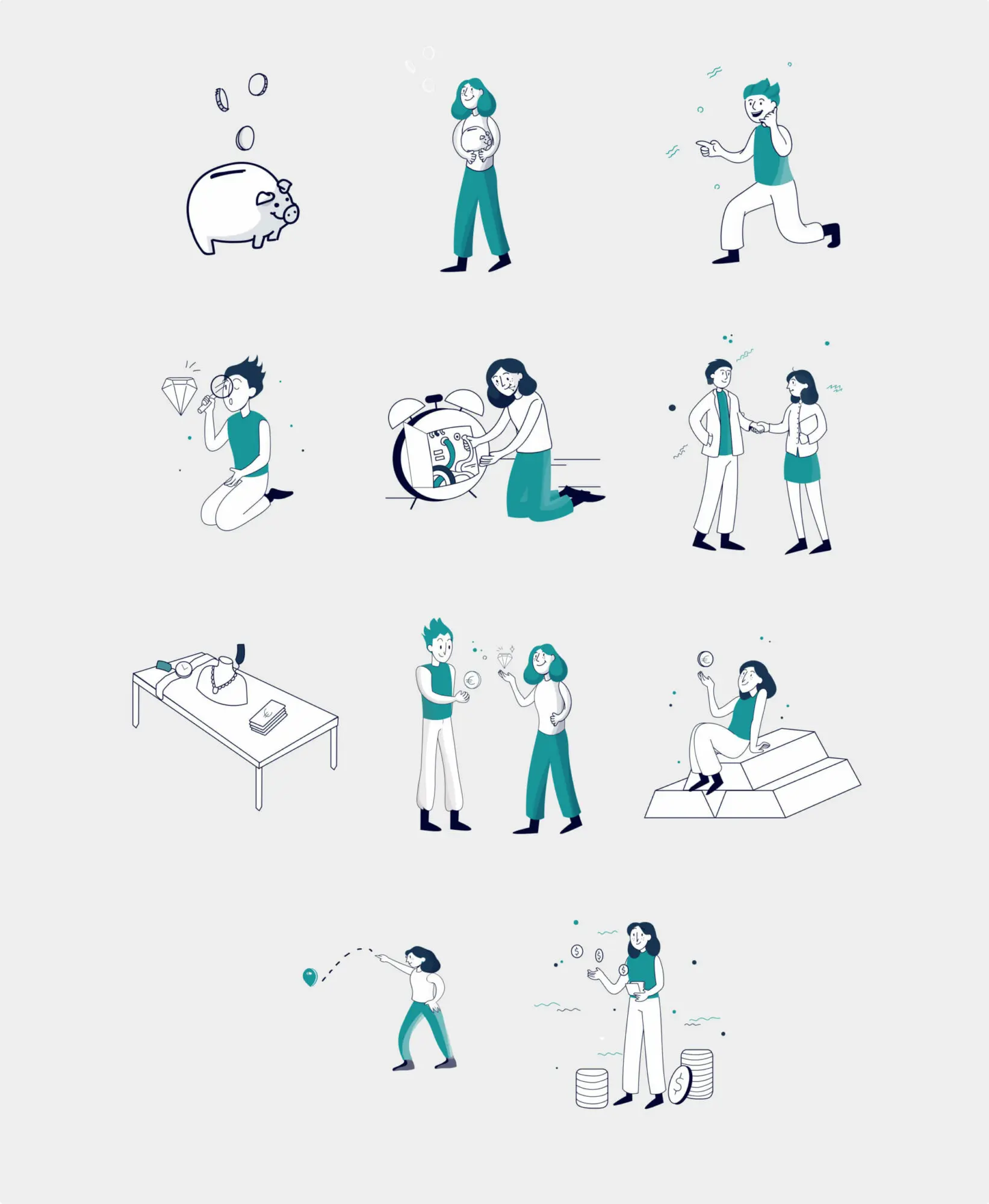 Darstellung der Grafiken die auf der neuen Website von Luxus Spot verwendet wurden. Verschiedene Wertgegenstände, Leute die miteinander handeln, usw.