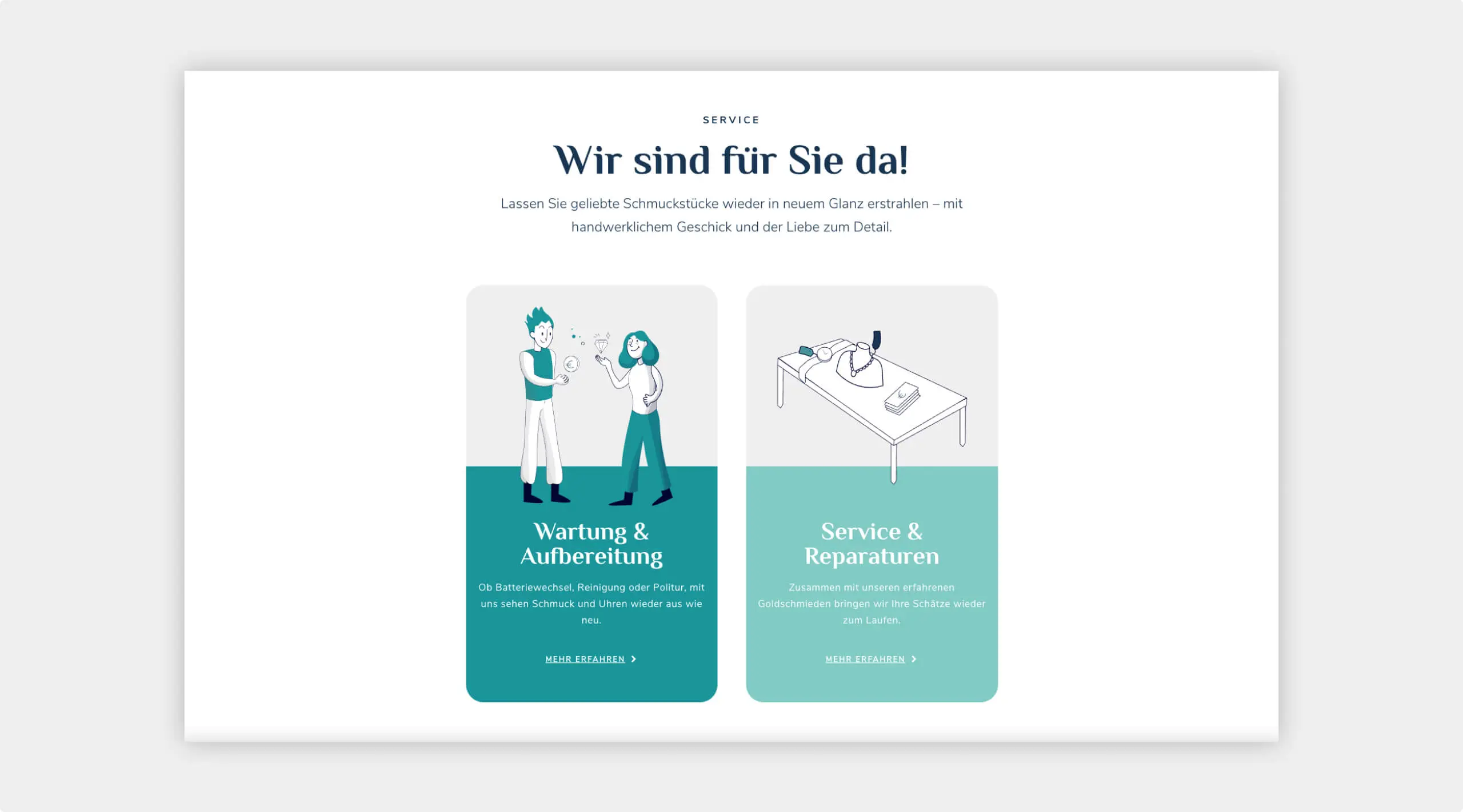 Darstellung des Service auf der Website in 2-spaltigem Layout mit Grafiken zum jeweiligen Bereich und Anlesertext.