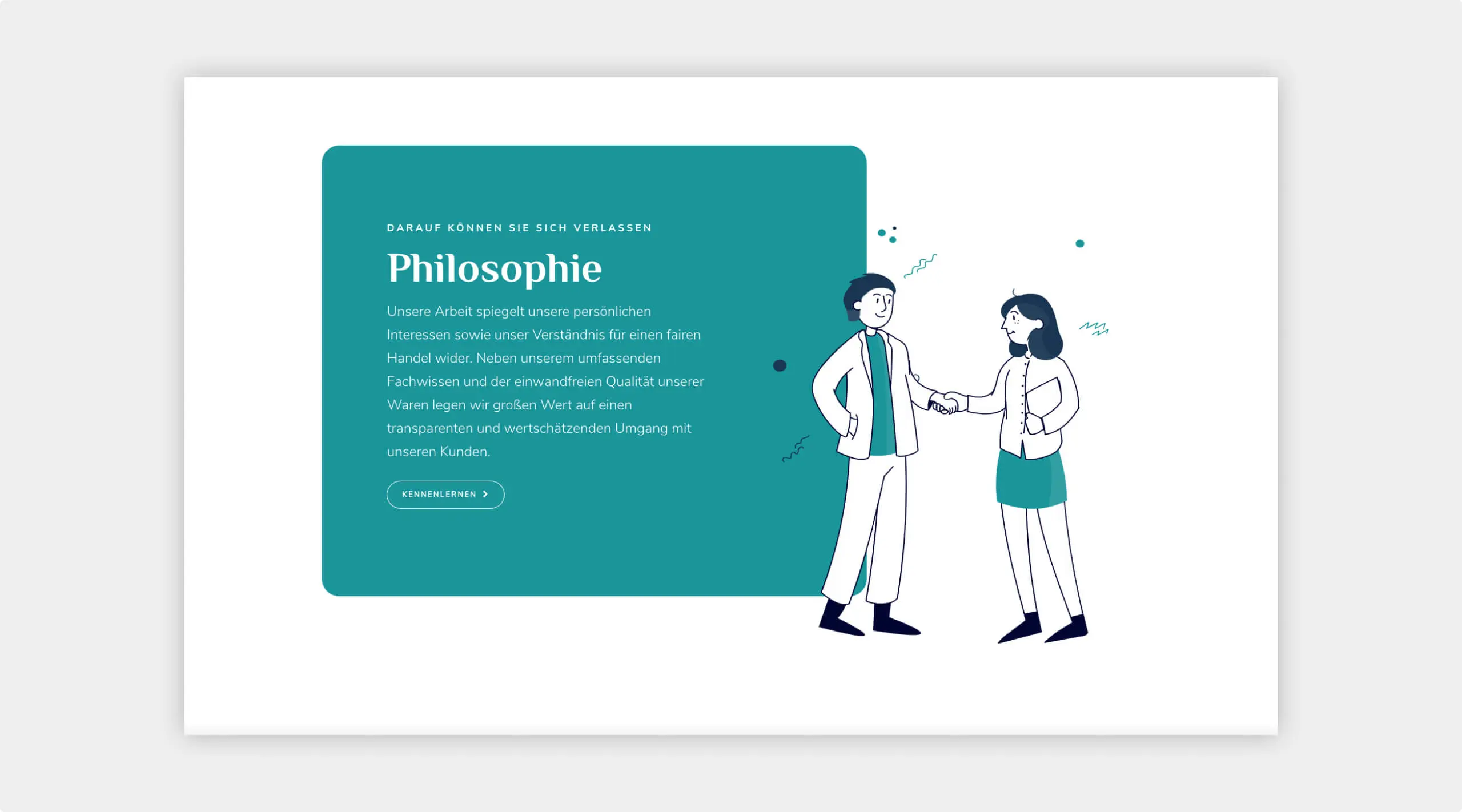 Screenshot der Website vom Bereich Philosophie mit Text und einer Illustration bei der sich zwei Leute die Hand schütteln.