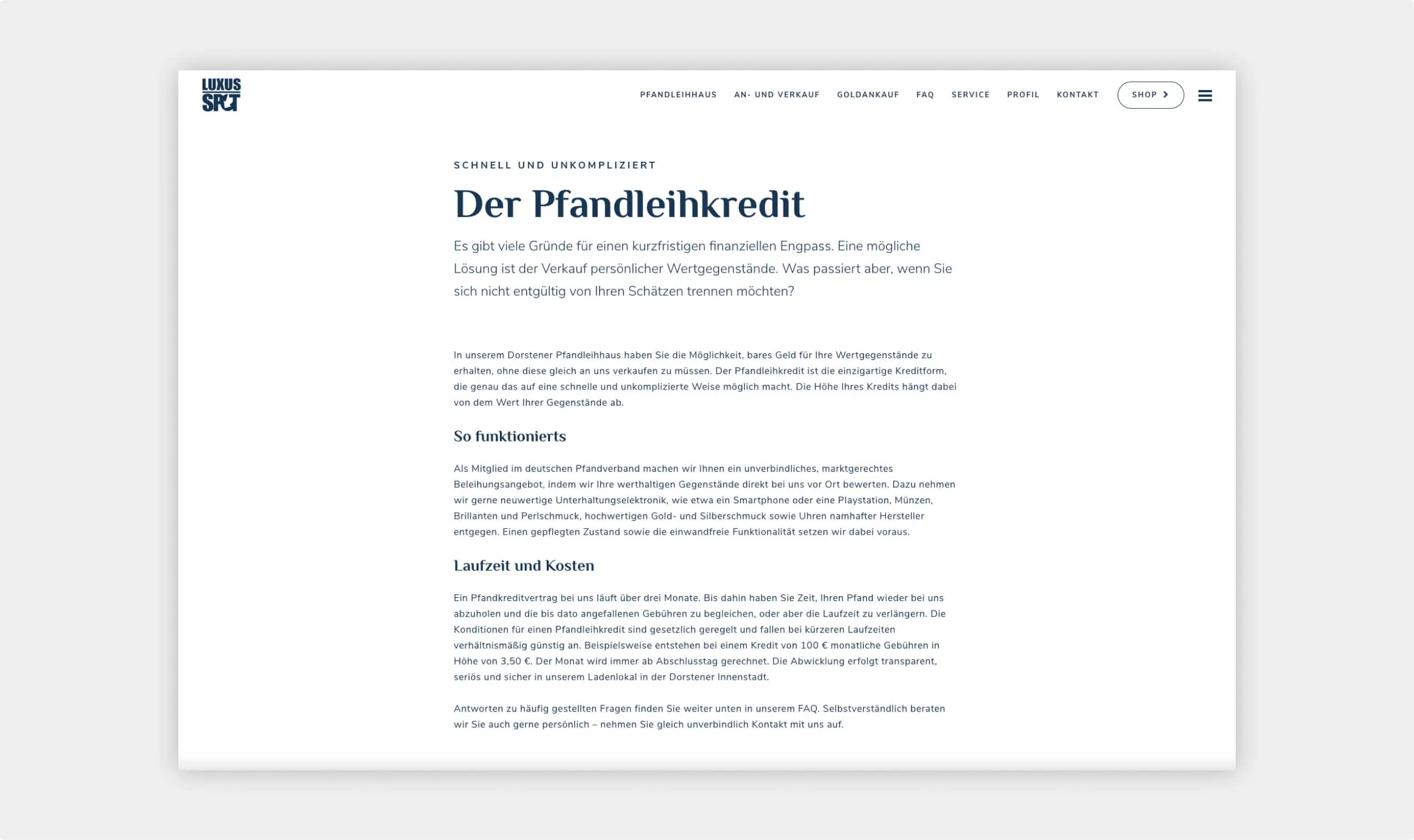 Screenshot von der Website aus dem Bereich des Pfandleihkredits mit Erklärung was ein Pfandleihkredit ist und wie es funktioniert.