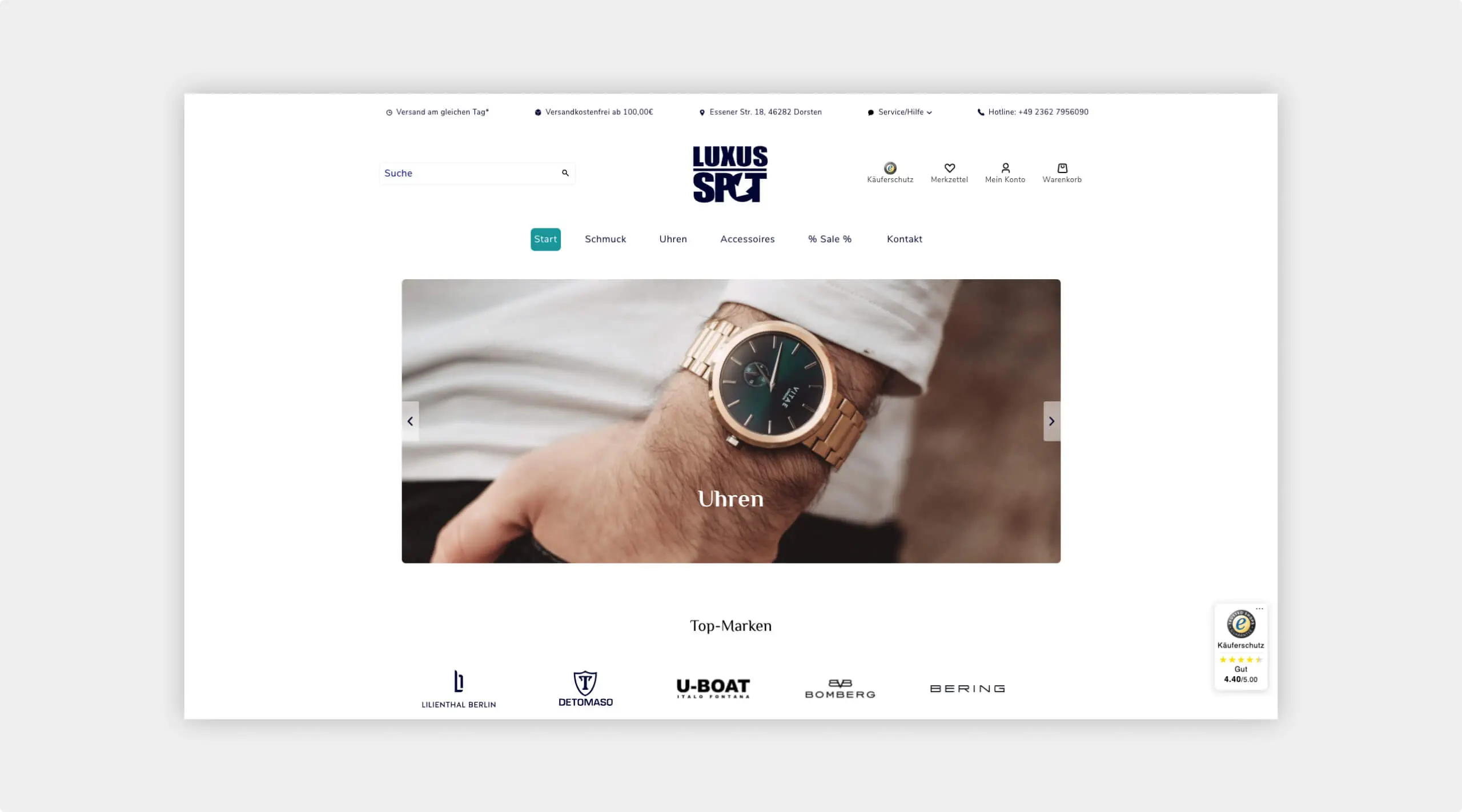 Screenshot der Startseite des Webshops von Luxus Spot mit großem Titelbild auf dem eine luxuriöse Uhr abgebildet ist.