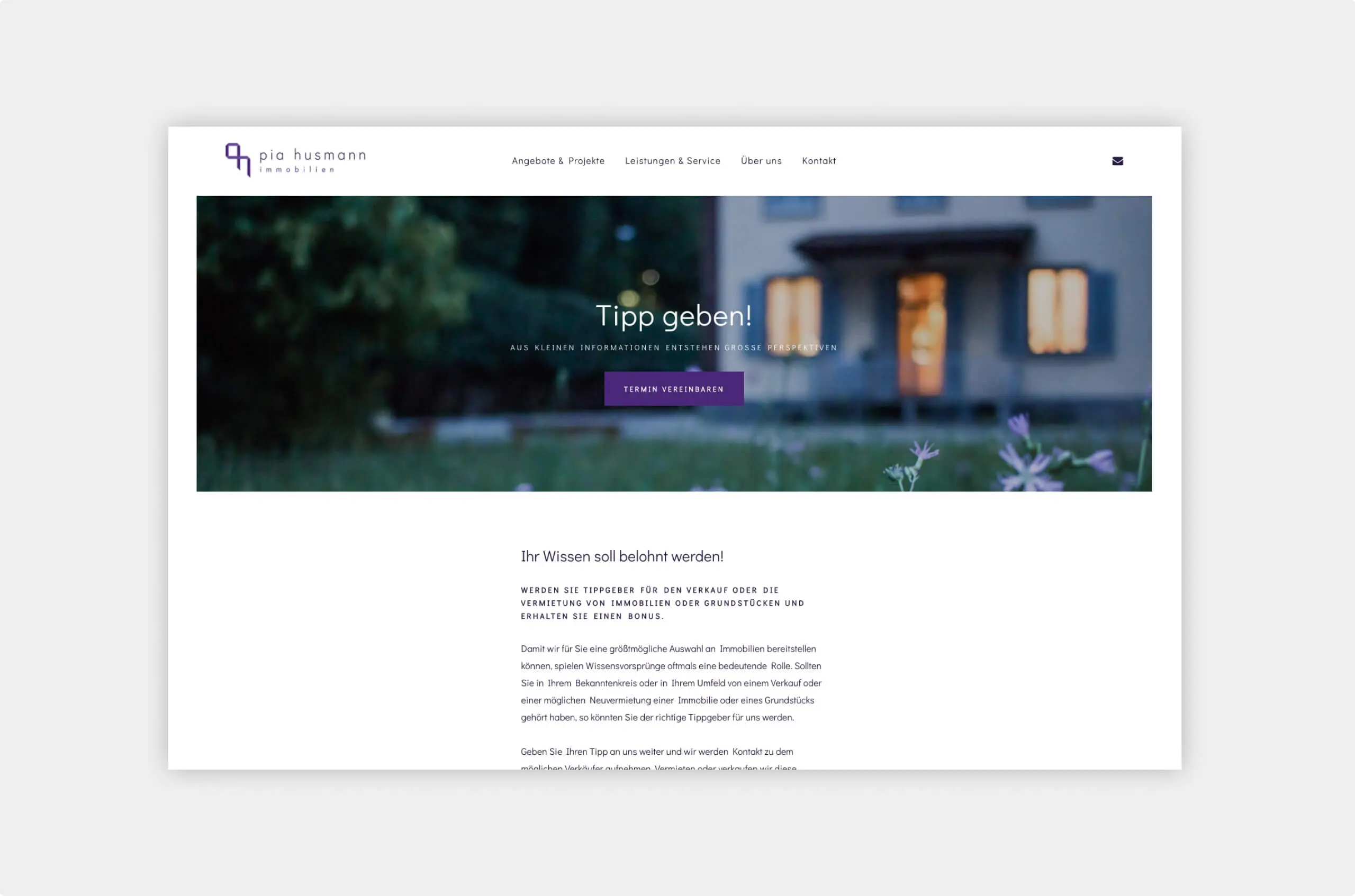 Screenshot einer Unterseite auf der neuen Website mit Titelbild auf dem ein Haus mit Garten zu sehen ist und anschließendem Infotext.