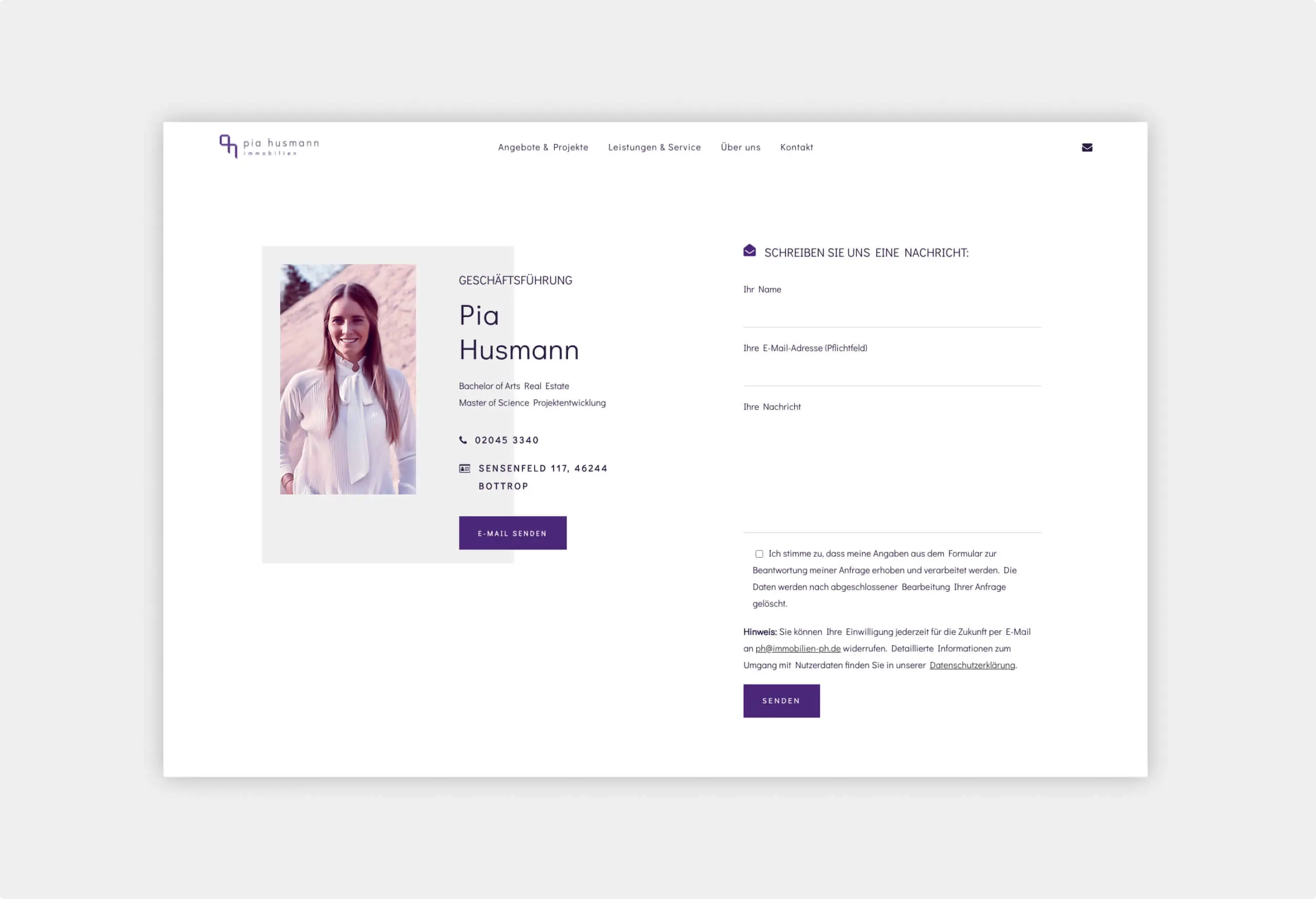 Screenshot der Kontakt-Seite auf der Website mit sämtlichen Kontaktinfos.