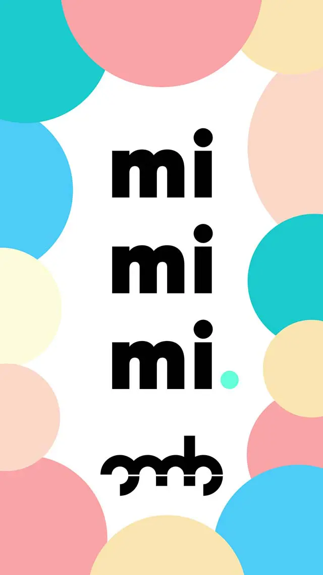 mi mi mi. Motiv von Oh, my Brand! auf weißen Hintergrund umrandet von bunten, großen Punkten.