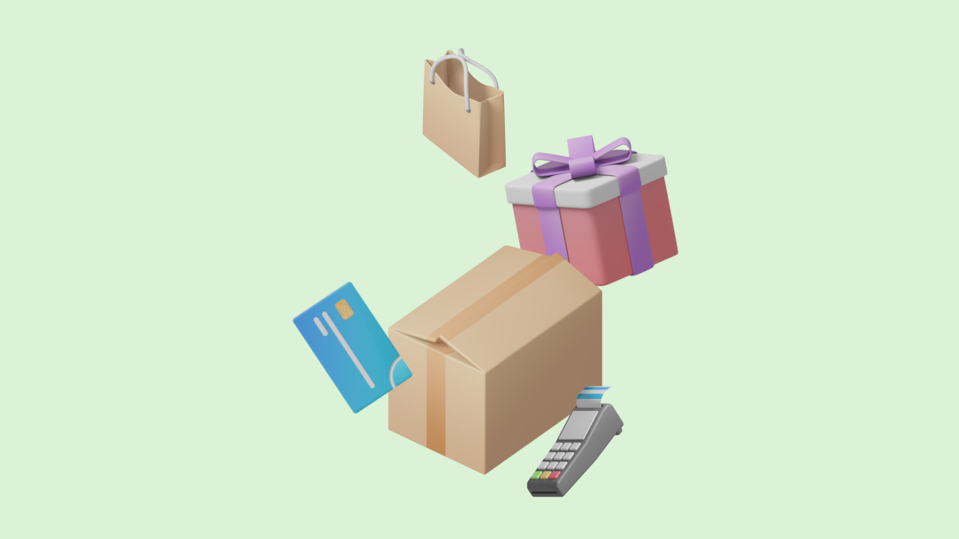 Hellgrüner Hintergrund mit einem Paket, einem Geschenk, einer Einkaufstasche und einem EC-Kartengerät.