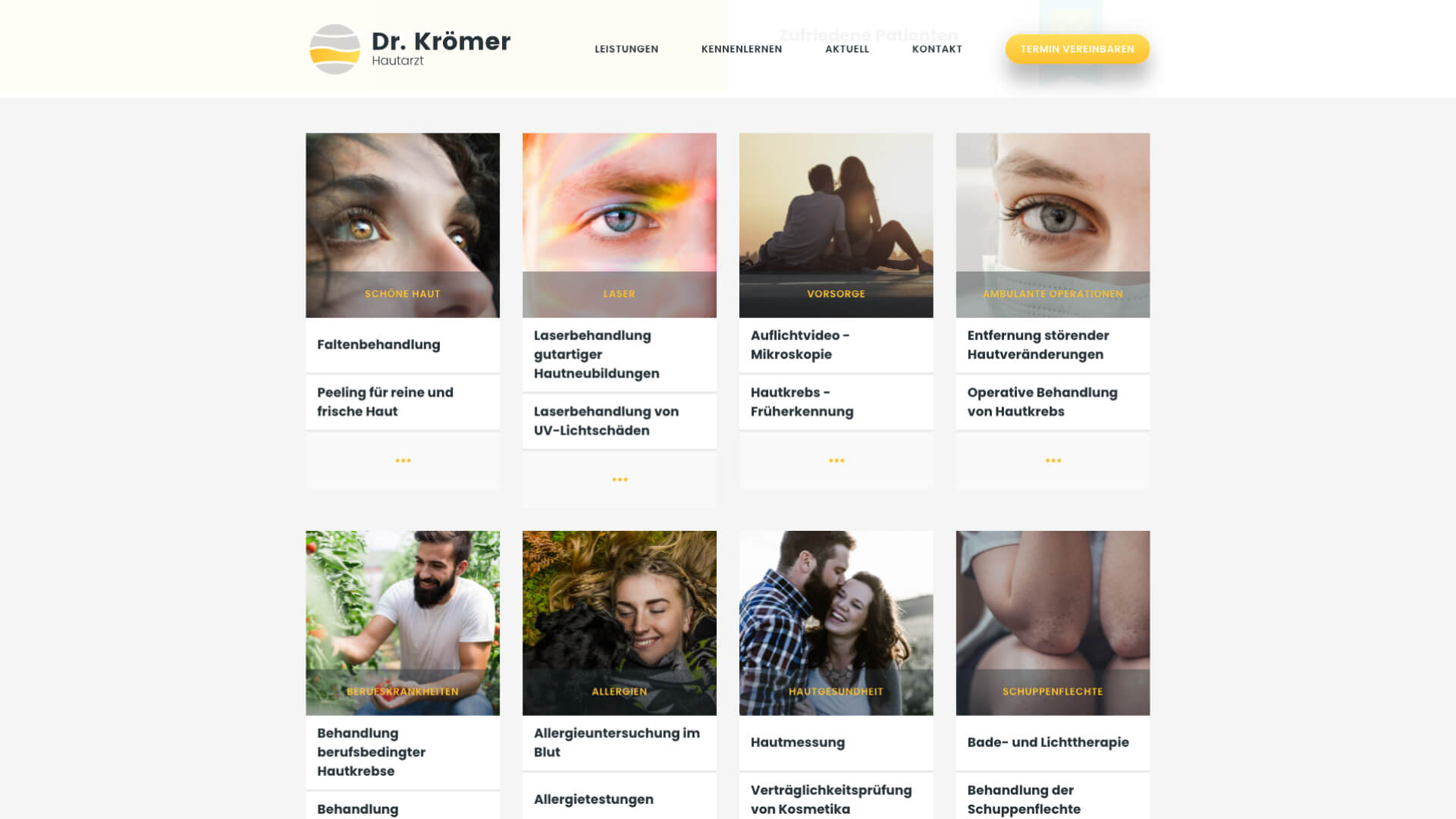 Zeigt die Leistungen der Hautarztpraxis Dr. Krömer als Screenshot der Website zum Thema 