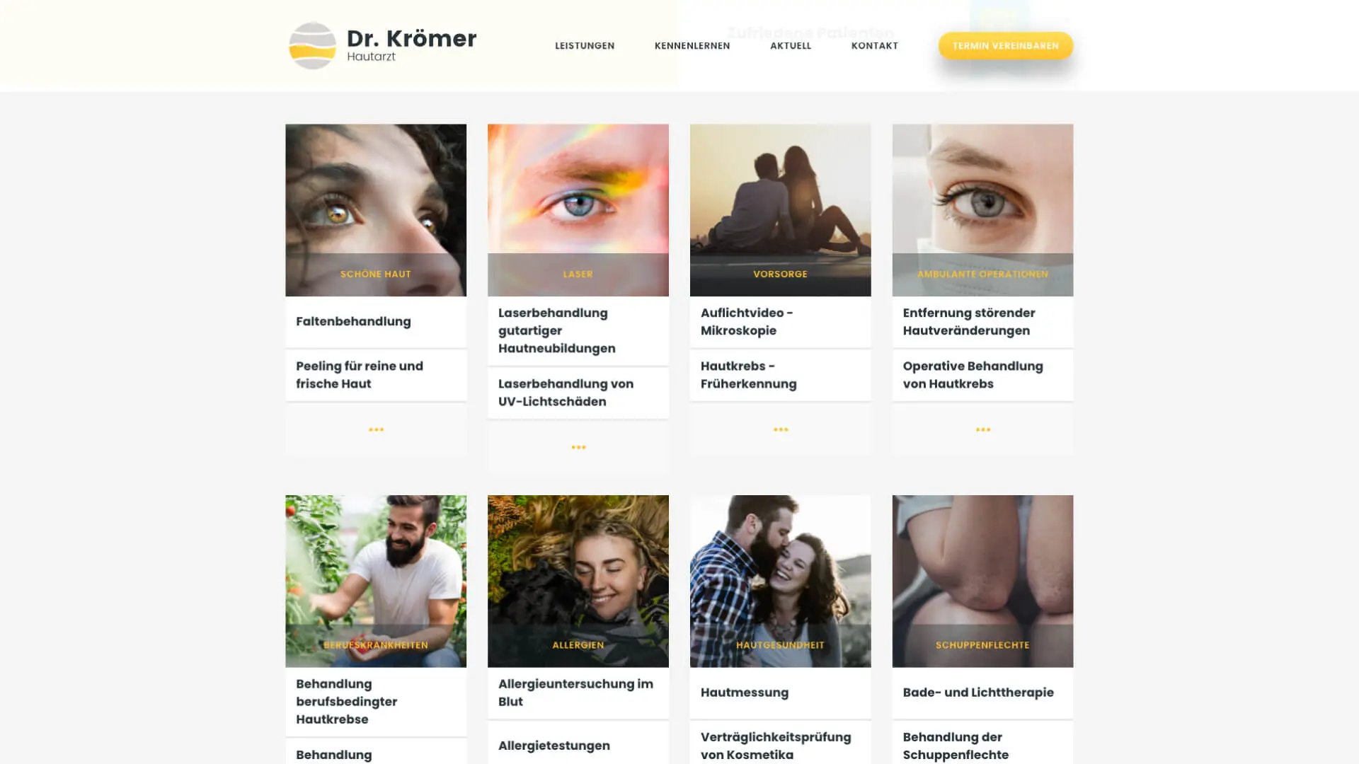 Zeigt die Leistungen der Hautarztpraxis Dr. Krömer als Screenshot der Website zum Thema 
