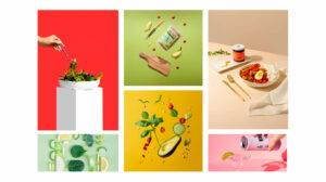 Sechs Bilder in einem Unterschiedlichem Format. Auf jedem Bild sind andere Lebensmittel zu sehen.