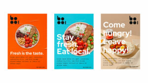 Drei Plakate mit verschiedenem Design. Auf jeden Plakat ist eine Schüssel mit Lebensmitteln zu sehen und darüber ist ein Text.