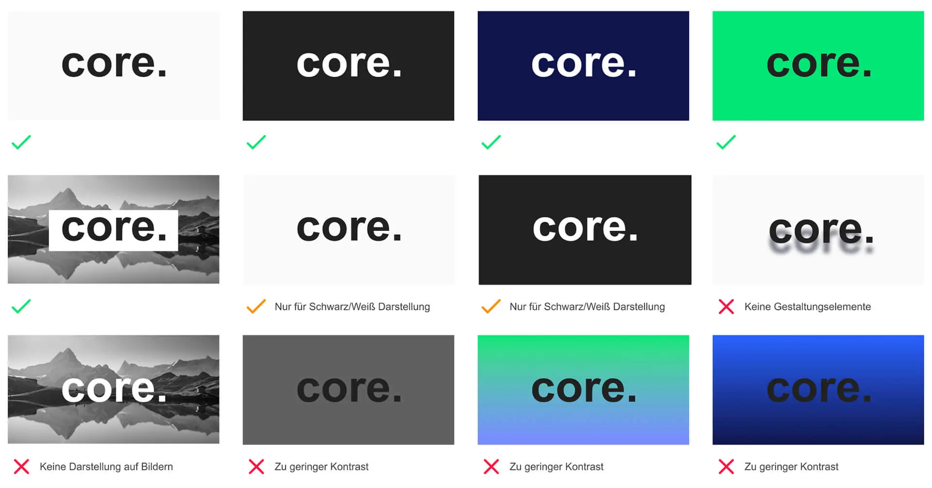 Logo auf verschiedenen Hintergründen und mit hacken und kreuzen versehen welche Varianten nutzbar sind.