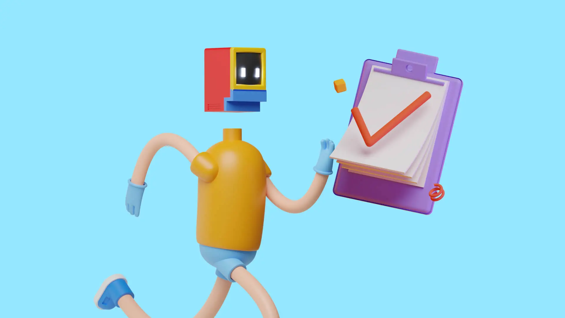 Figur mit Computerkopf läuft mit einer Checkliste in der Hand.