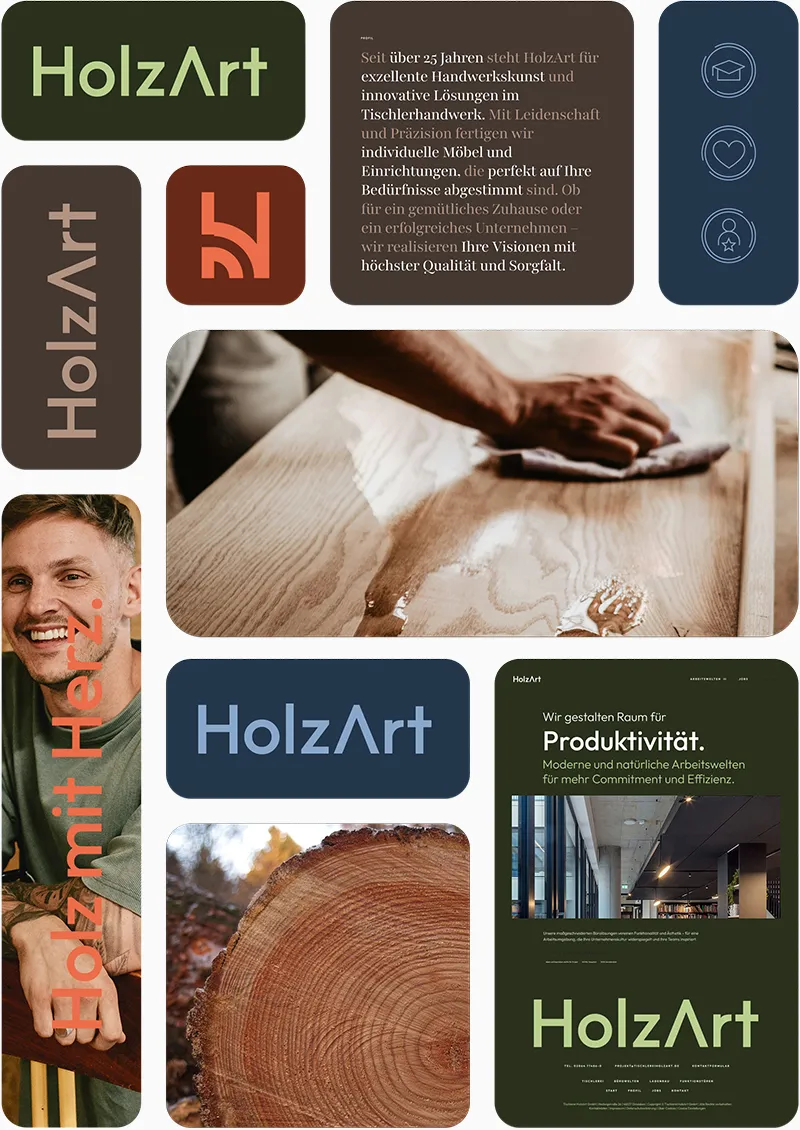 Arbeiten von dem Kunden: Holzart. Erscheinungsbild der Website und der Marke.