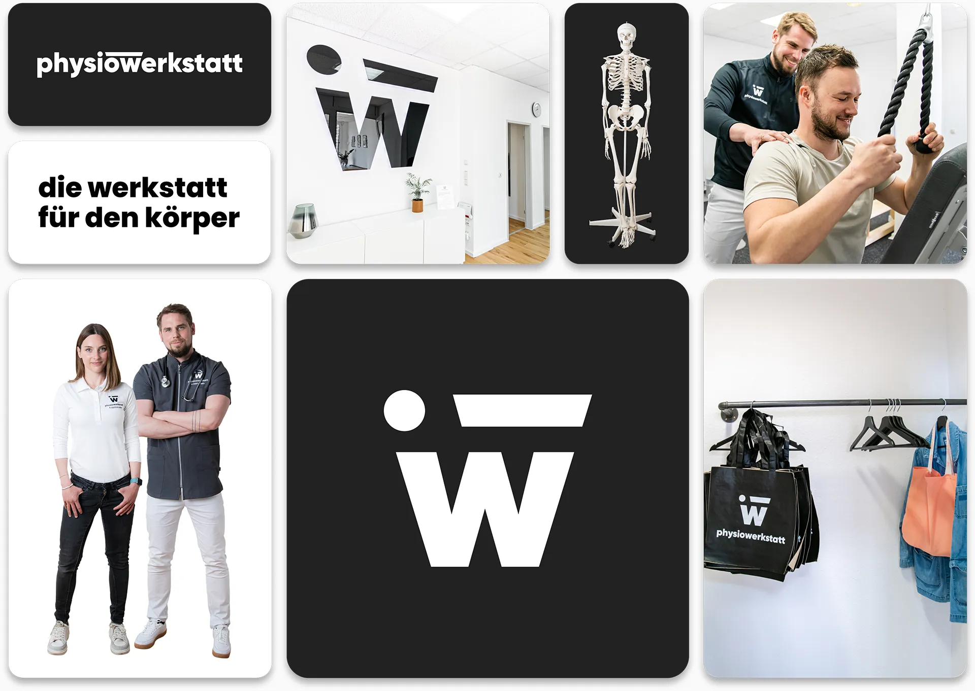 Arbeitsproben vom Kunden physiowerkstatt: Fotos der Praxisräume, Branding und Design der Werbemittel.