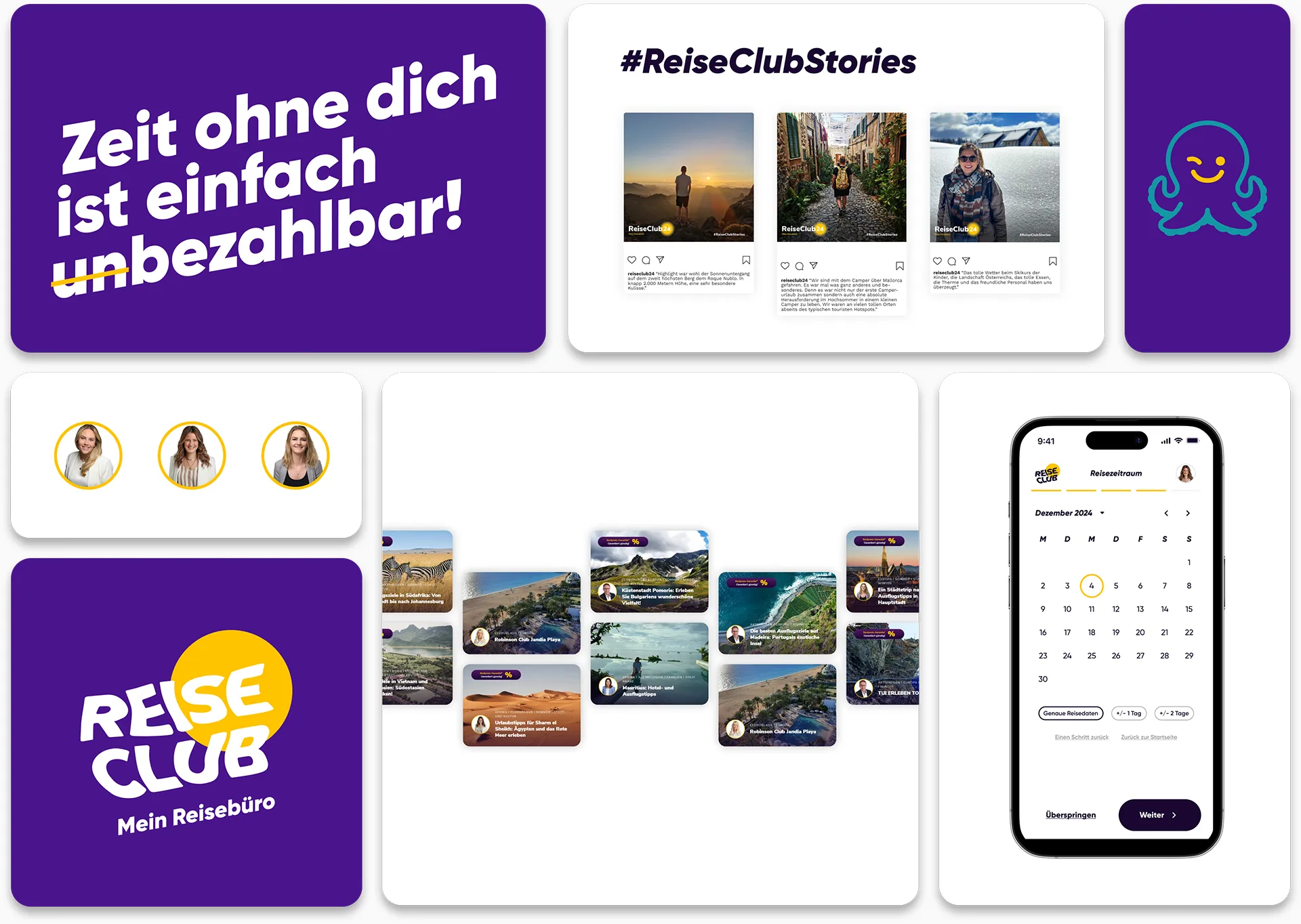 Arbeitsproben vom Kunden ReiseClub: App-Design, Web-Design und Design von Social Media Posts.